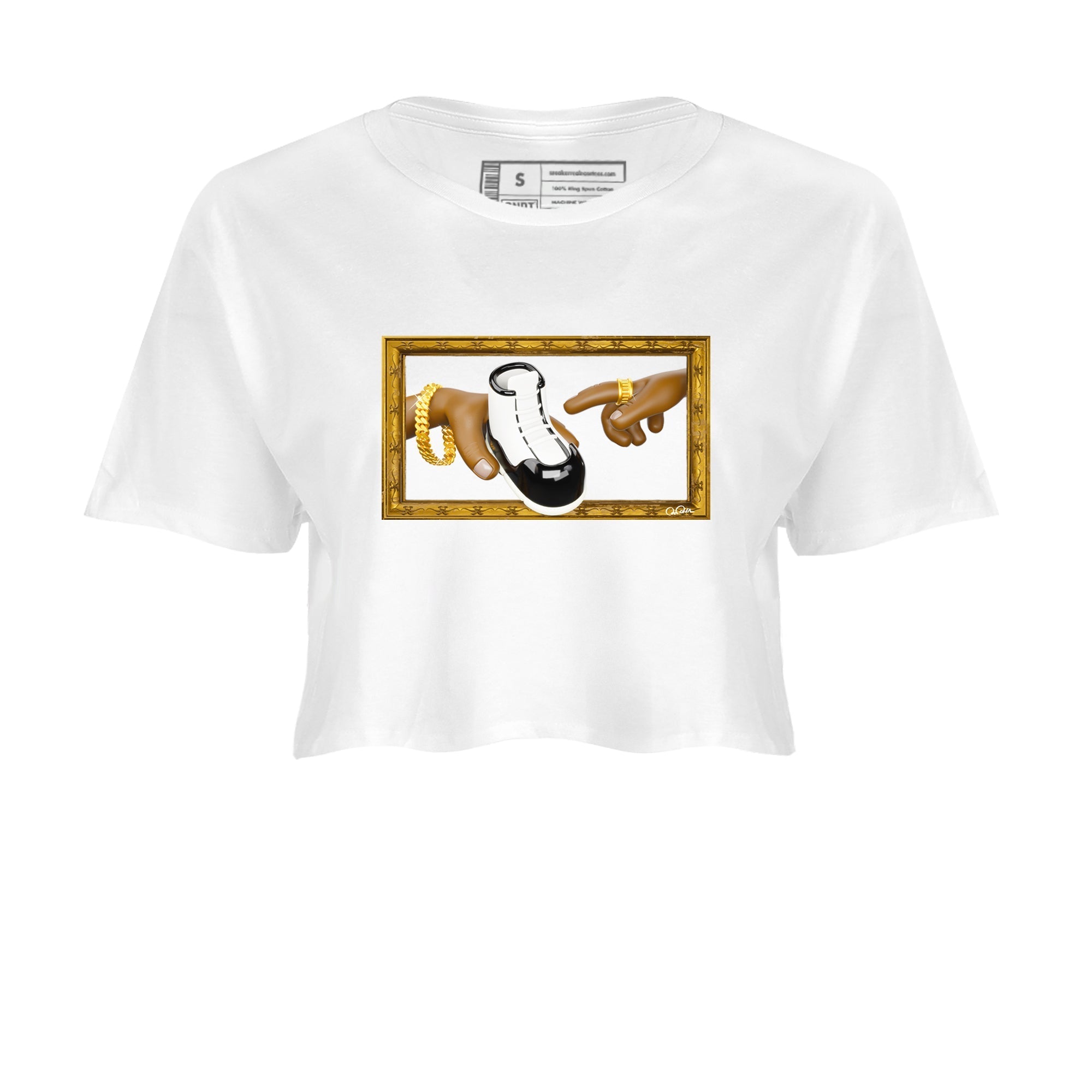 Air Jordan 11 Gratitude shirt to match jordans The Creation Of Adam sneaker tees AJ11 Gratitude Drip Gear Zone White 2 Crop T-Shirt