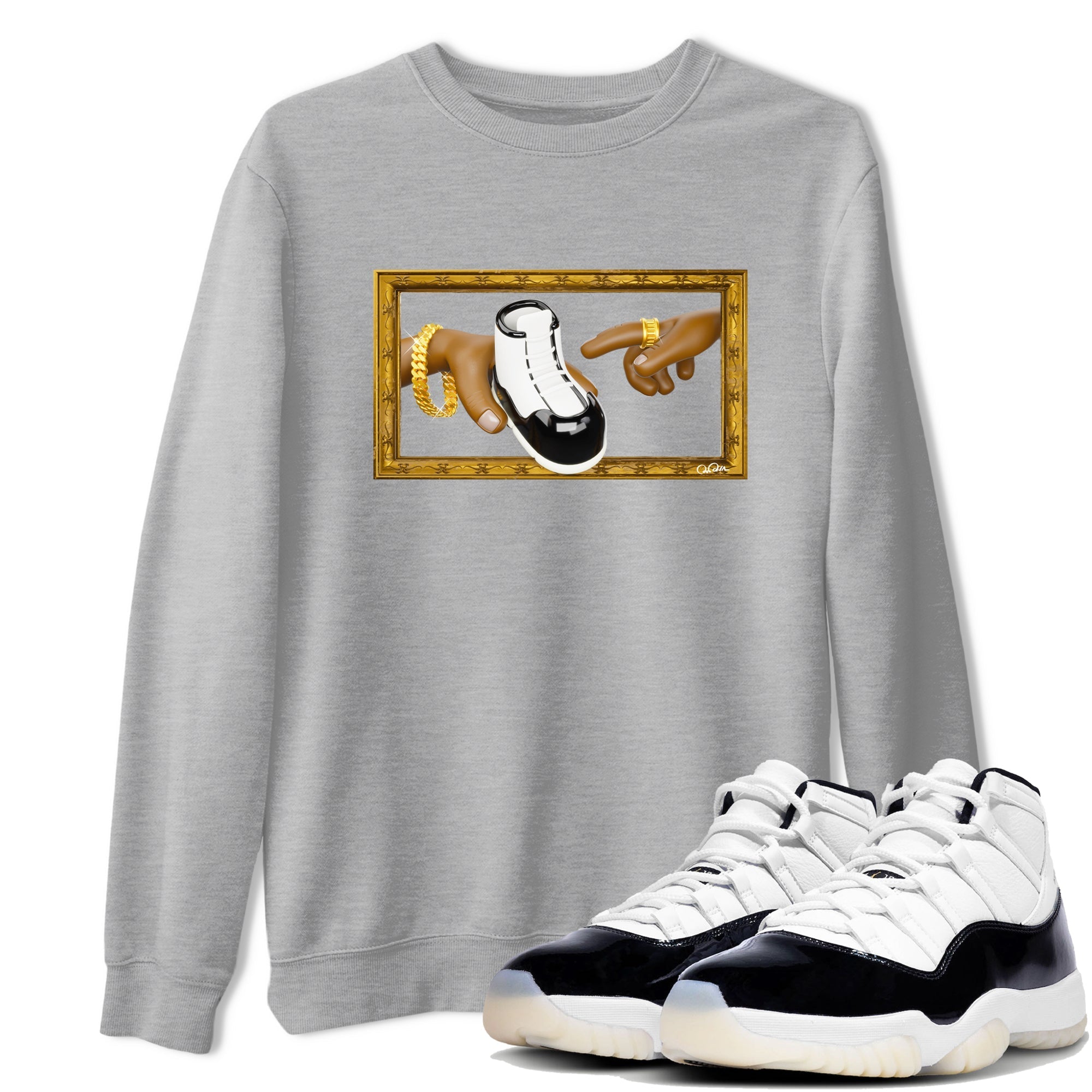 Air Jordan 11 Gratitude shirt to match jordans The Creation Of Adam sneaker tees AJ11 Gratitude Drip Gear Zone Unisex Heather Grey 1 T-Shirt