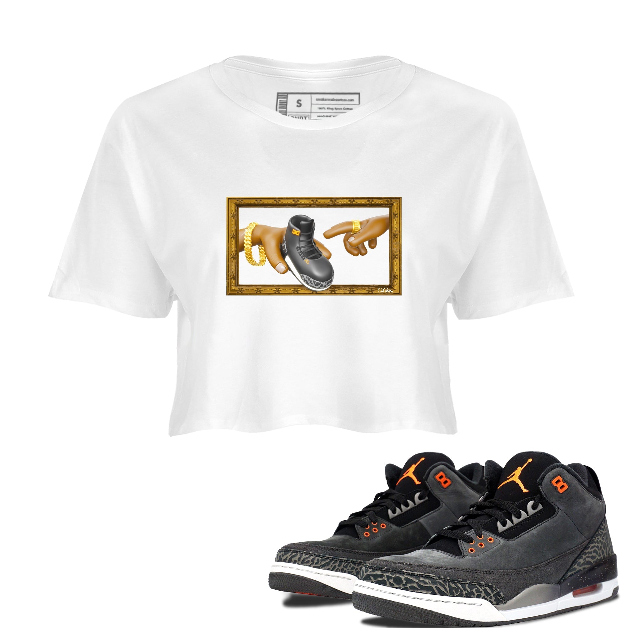 Air Jordan 3 Fear shirt to match jordans The Creation of Adam sneaker tees AJ3 Fear Drip Gear Zone White 1 Crop T-Shirt