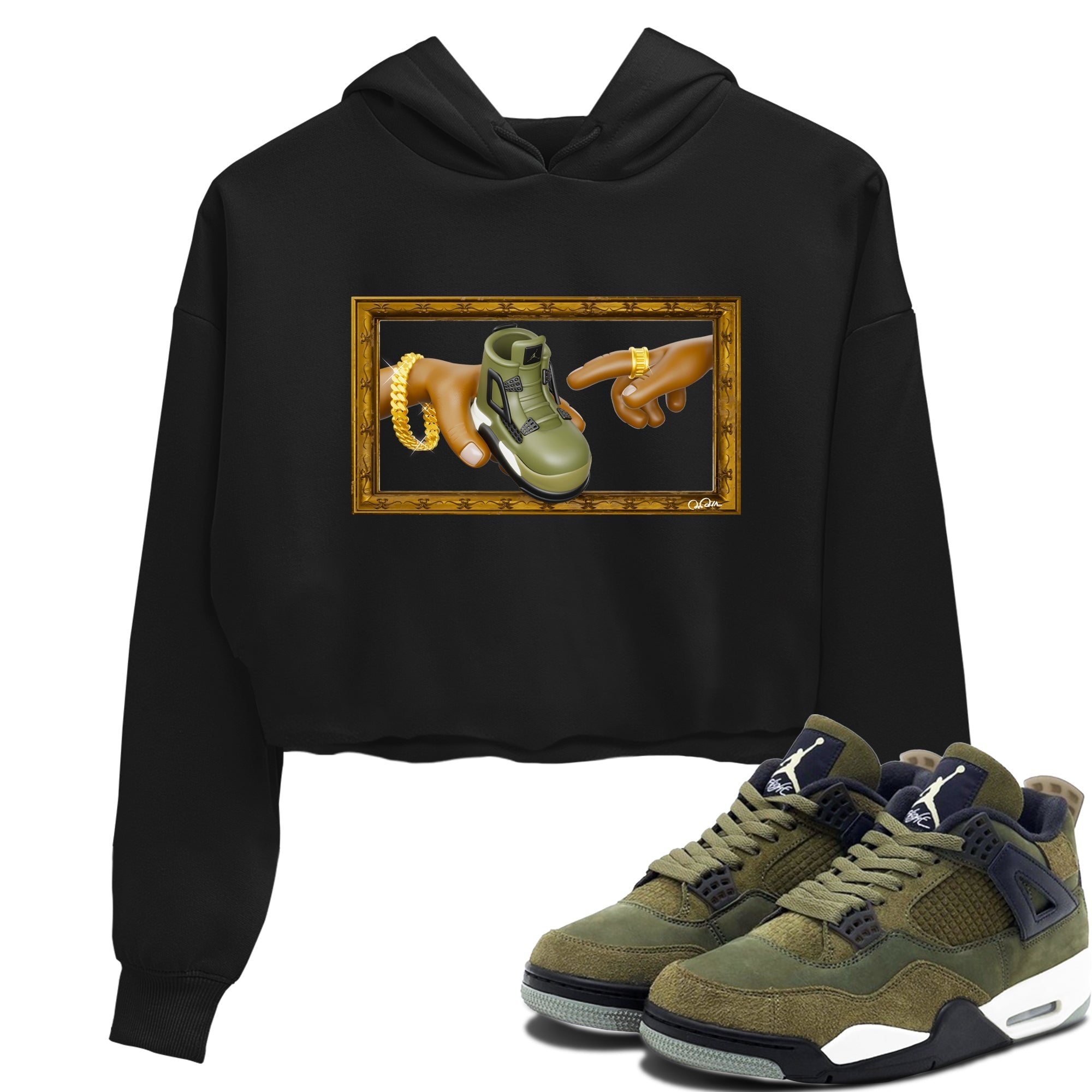 Air Jordan 4 Medium Olive shirt to match jordans streetwear brand The Creation of Adam sneaker tees AJ4 Medium Olive Drip Gear Zone Black 1 Crop T-Shirt