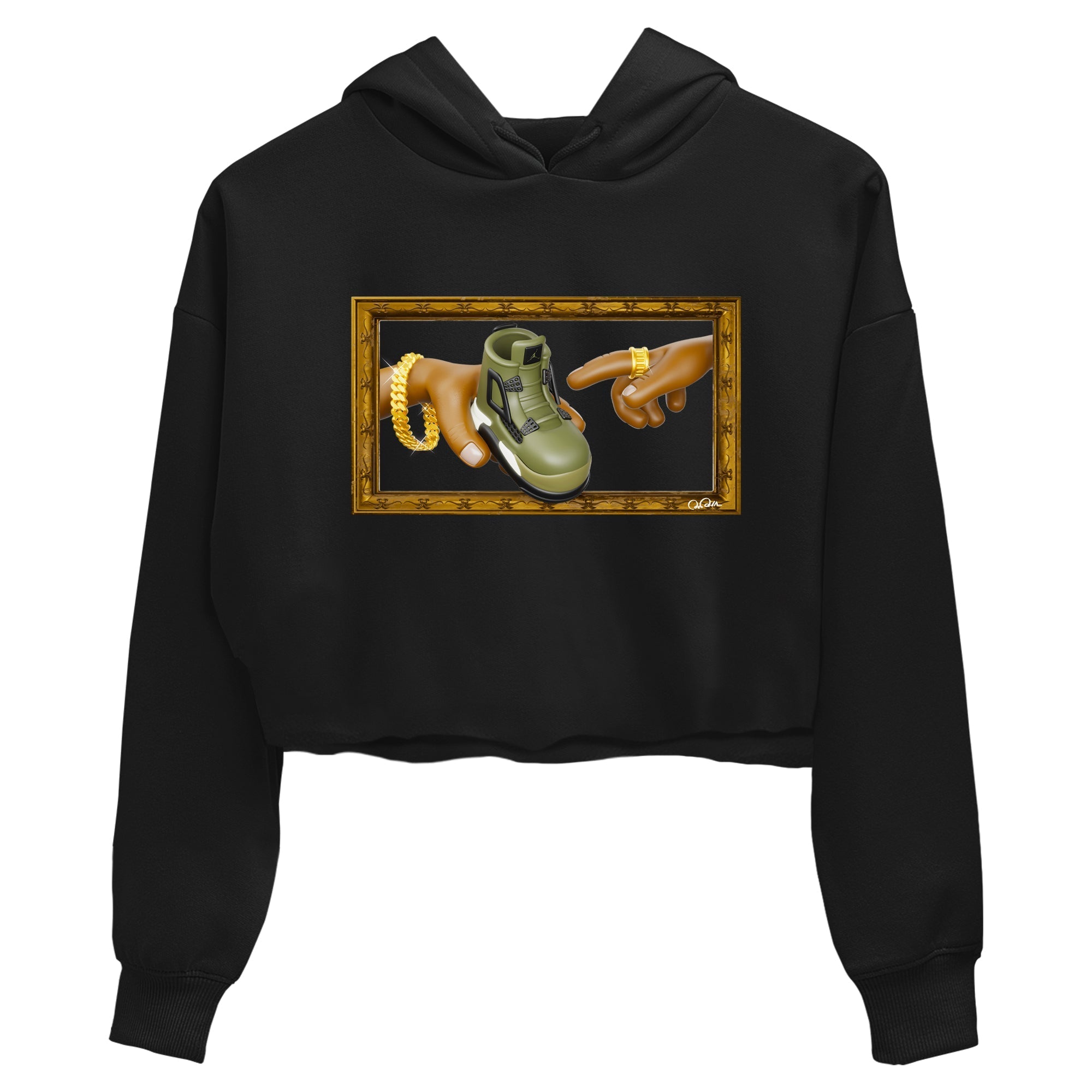 Air Jordan 4 Medium Olive shirt to match jordans streetwear brand The Creation of Adam sneaker tees AJ4 Medium Olive Drip Gear Zone Black 2 Crop T-Shirt