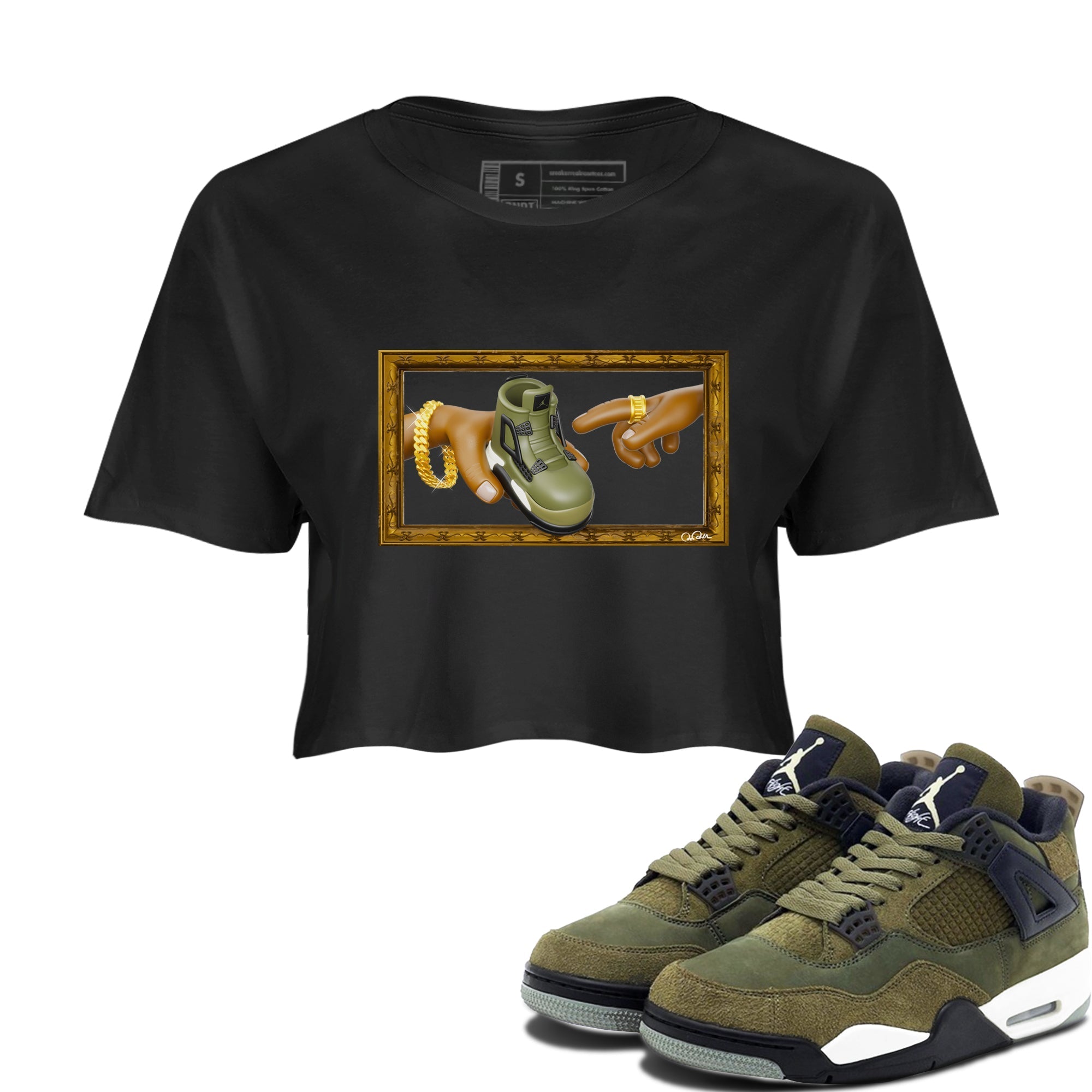 Air Jordan 4 Medium Olive shirt to match jordans streetwear brand The Creation of Adam sneaker tees AJ4 Medium Olive Drip Gear Zone Black 1 Crop T-Shirt