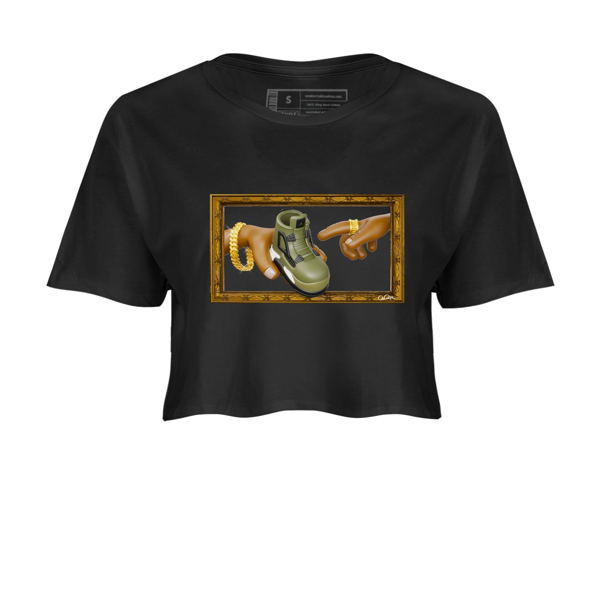 Air Jordan 4 Medium Olive shirt to match jordans streetwear brand The Creation of Adam sneaker tees AJ4 Medium Olive Drip Gear Zone Black 2 Crop T-Shirt