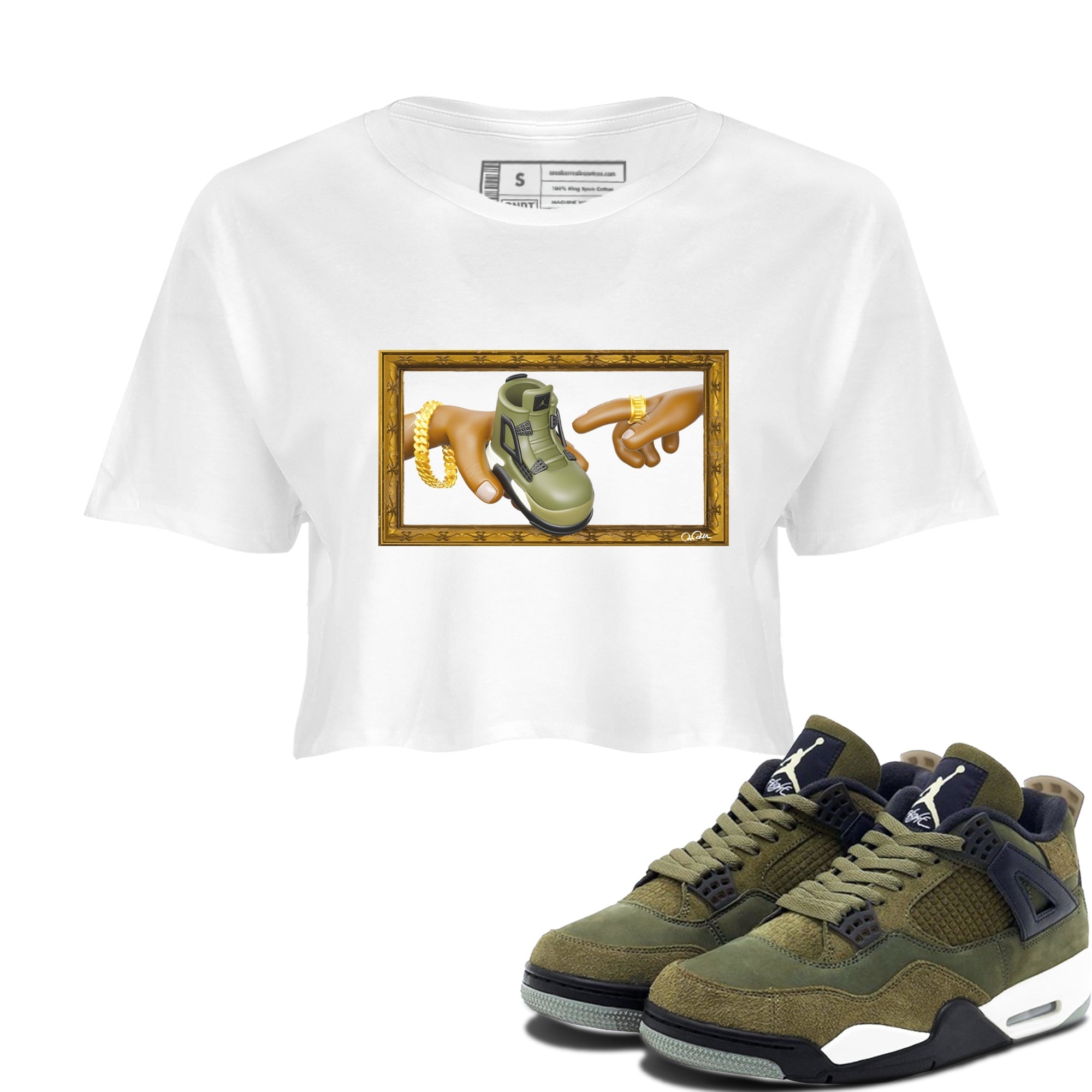 Air Jordan 4 Medium Olive shirt to match jordans streetwear brand The Creation of Adam sneaker tees AJ4 Medium Olive Drip Gear Zone White 1 Crop T-Shirt