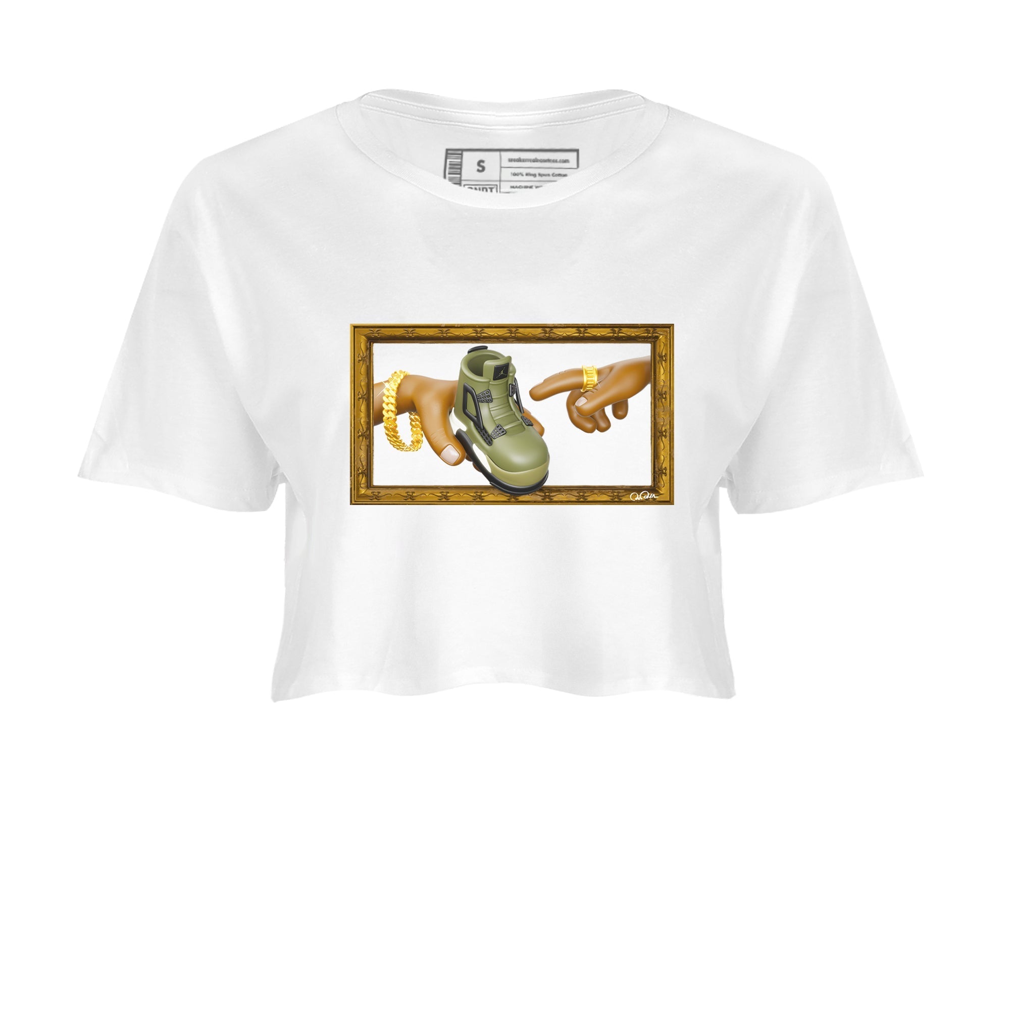 Air Jordan 4 Medium Olive shirt to match jordans streetwear brand The Creation of Adam sneaker tees AJ4 Medium Olive Drip Gear Zone White 2 Crop T-Shirt