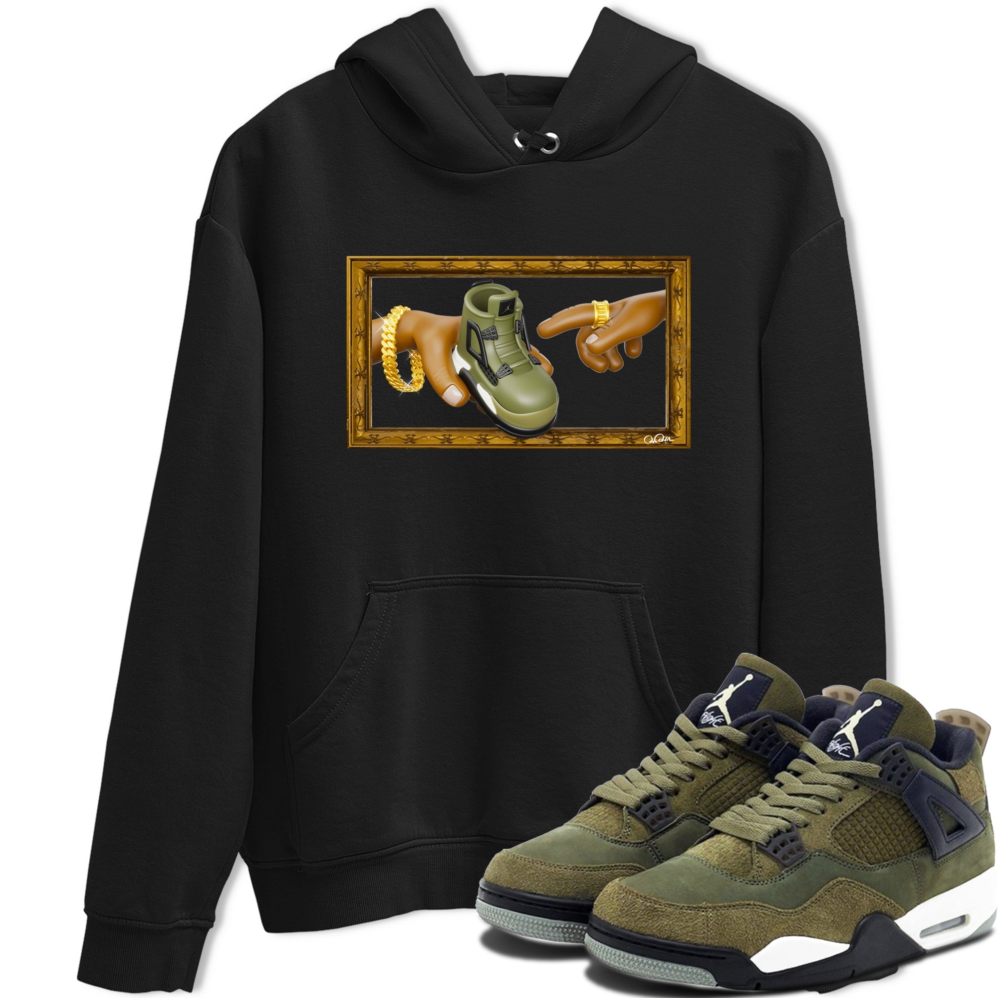 Air Jordan 4 Medium Olive shirt to match jordans streetwear brand The Creation of Adam sneaker tees AJ4 Medium Olive Drip Gear Zone Unisex Black 1 T-Shirt