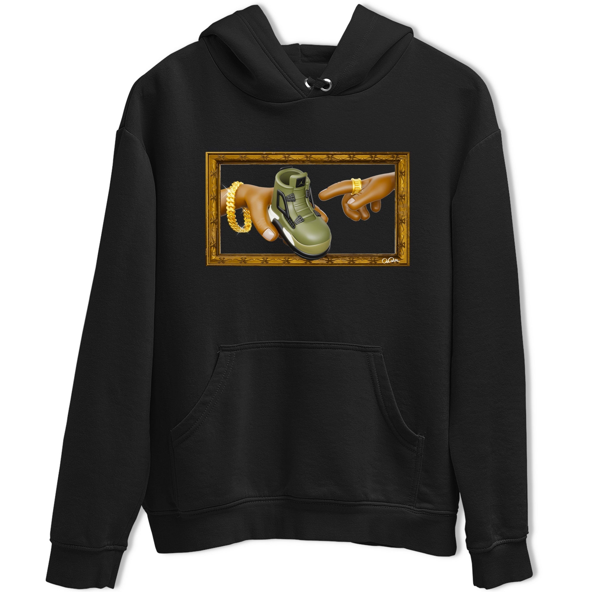 Air Jordan 4 Medium Olive shirt to match jordans streetwear brand The Creation of Adam sneaker tees AJ4 Medium Olive Drip Gear Zone Unisex Black 2 T-Shirt