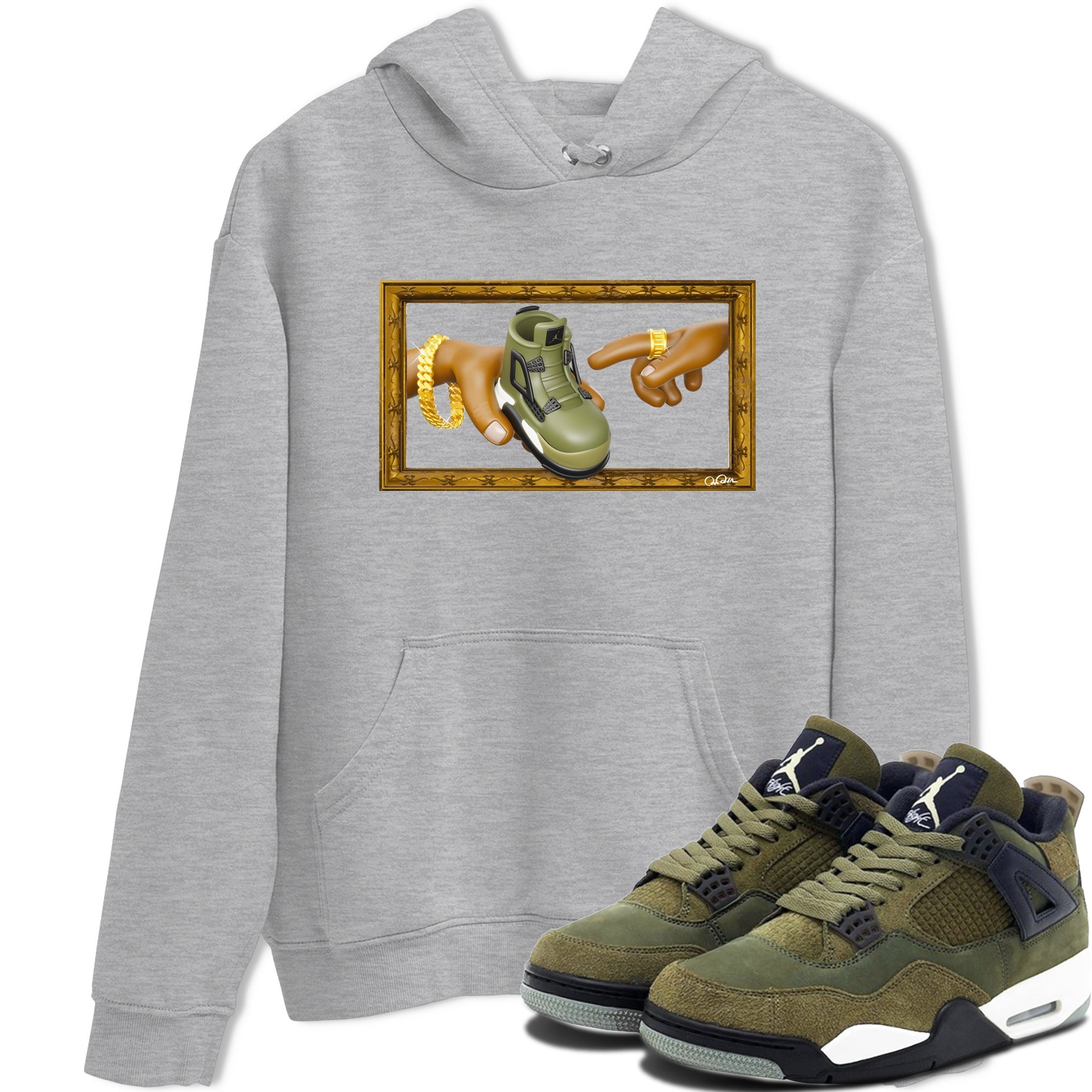 Air Jordan 4 Medium Olive shirt to match jordans streetwear brand The Creation of Adam sneaker tees AJ4 Medium Olive Drip Gear Zone Unisex Heather Grey 1 T-Shirt