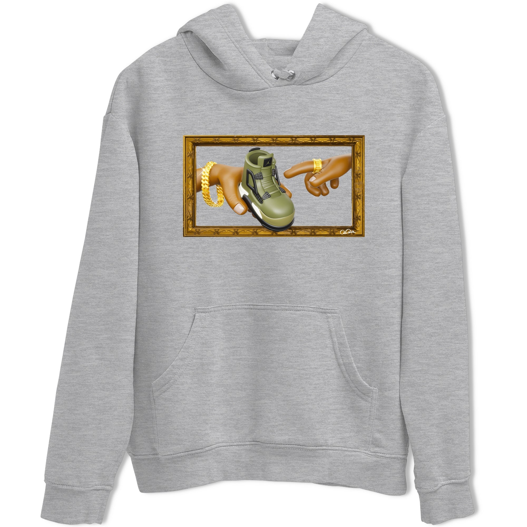 Air Jordan 4 Medium Olive shirt to match jordans streetwear brand The Creation of Adam sneaker tees AJ4 Medium Olive Drip Gear Zone Unisex Heather Grey 2 T-Shirt