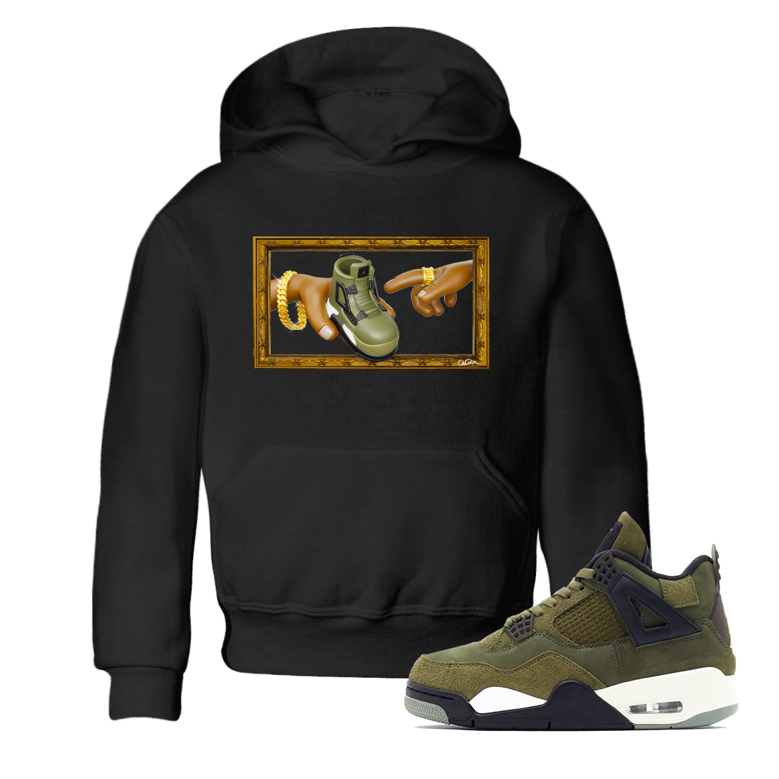 Air Jordan 4 Medium Olive shirt to match jordans streetwear brand The Creation of Adam sneaker tees AJ4 Medium Olive Drip Gear Zone Baby Toddler Black 1 T-Shirt