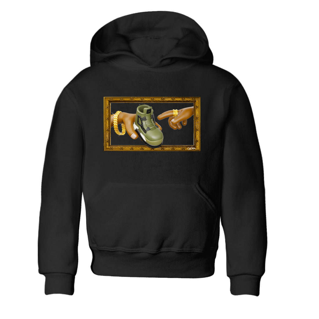 Air Jordan 4 Medium Olive shirt to match jordans streetwear brand The Creation of Adam sneaker tees AJ4 Medium Olive Drip Gear Zone Baby Toddler Black 2 T-Shirt