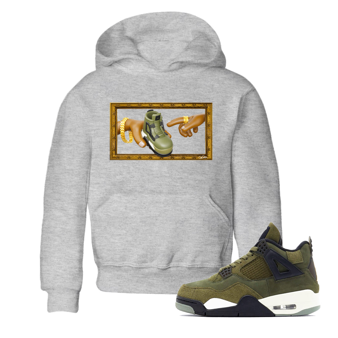 Air Jordan 4 Medium Olive shirt to match jordans streetwear brand The Creation of Adam sneaker tees AJ4 Medium Olive Drip Gear Zone Baby Toddler Heather Grey 1 T-Shirt