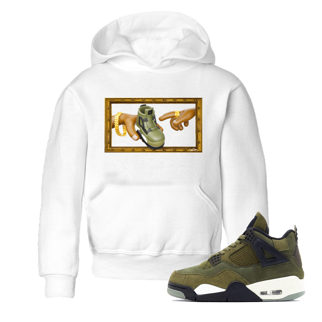 Air Jordan 4 Medium Olive shirt to match jordans streetwear brand The Creation of Adam sneaker tees AJ4 Medium Olive Drip Gear Zone Baby Toddler White 1 T-Shirt