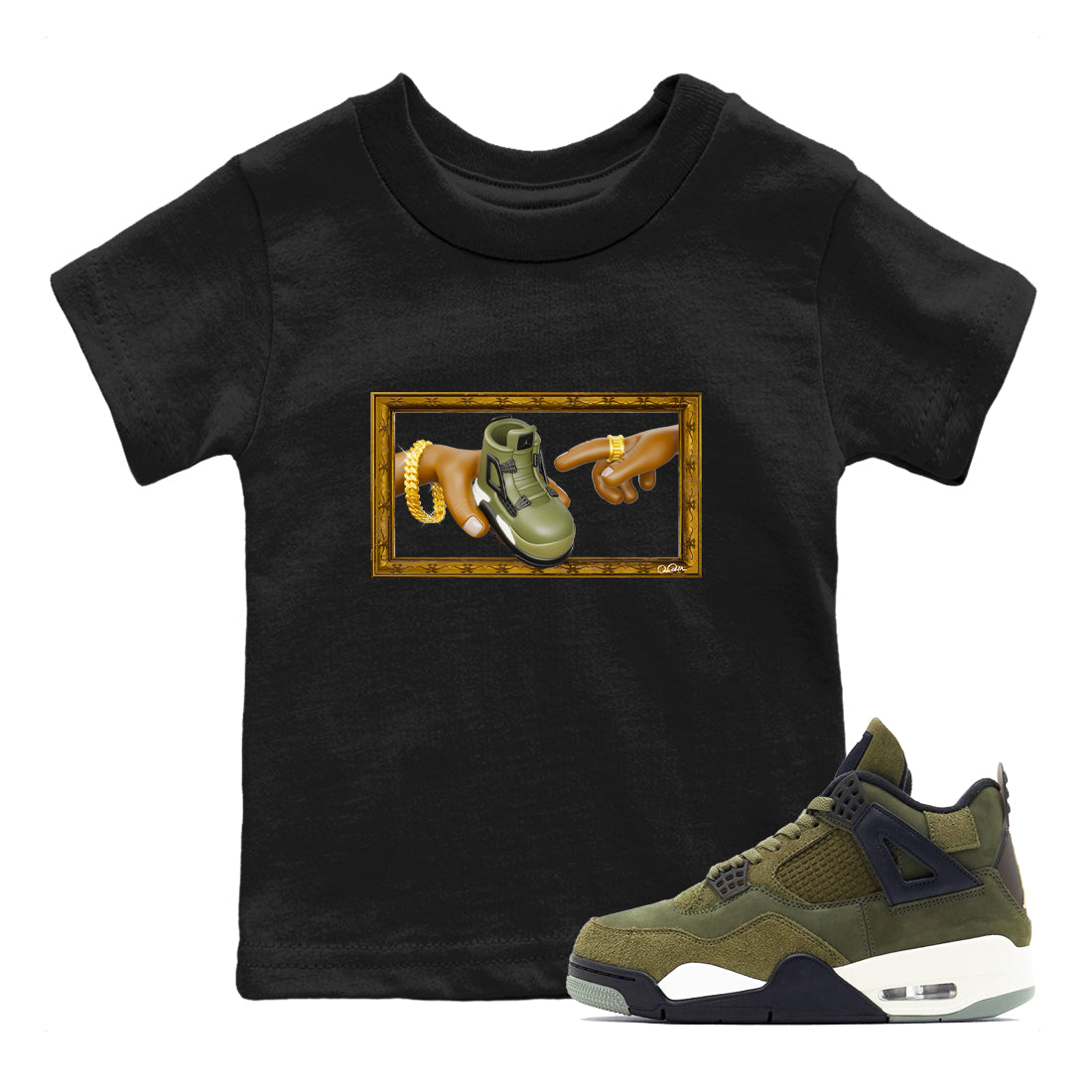 Air Jordan 4 Medium Olive shirt to match jordans streetwear brand The Creation of Adam sneaker tees AJ4 Medium Olive Drip Gear Zone Baby Toddler Black 1 T-Shirt