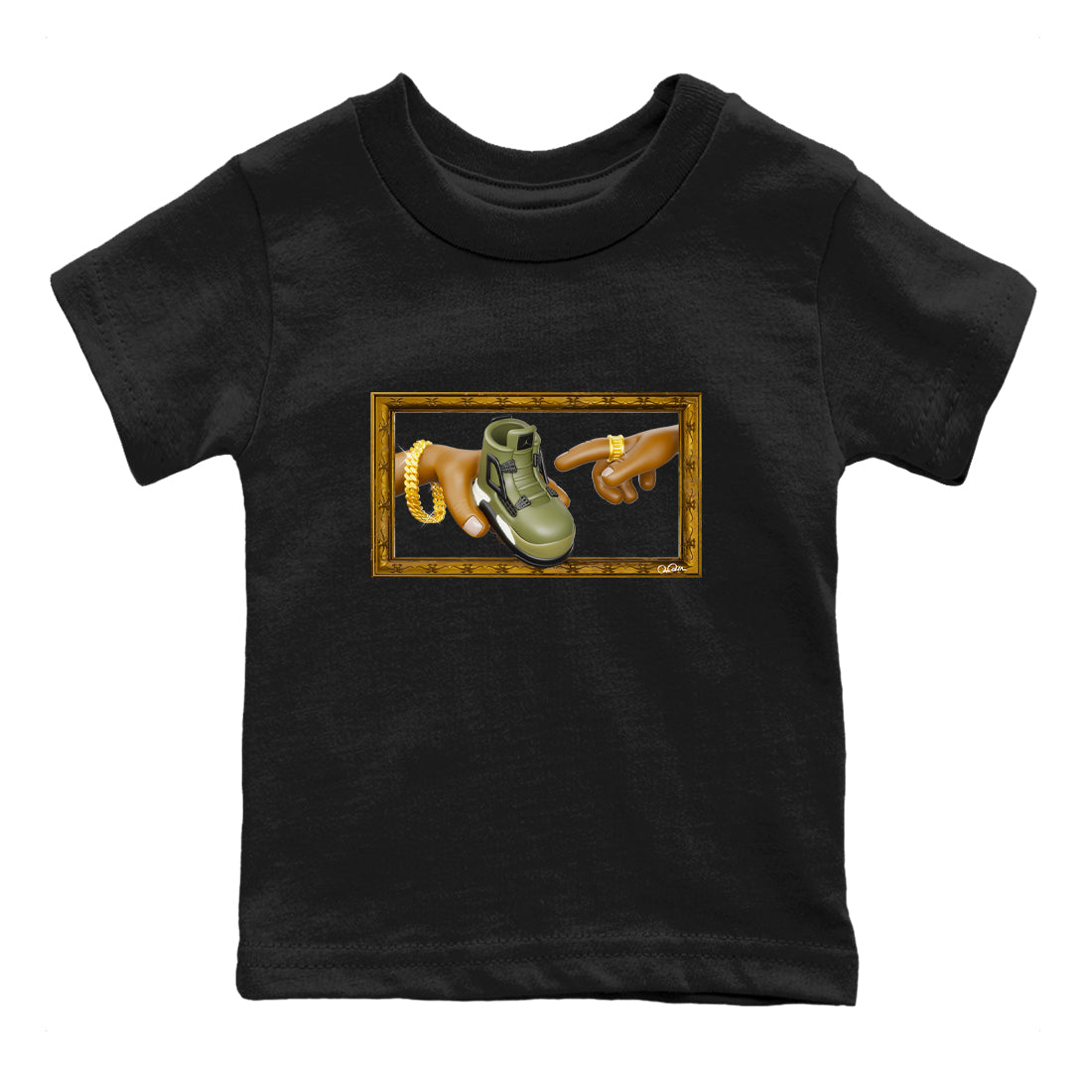 Air Jordan 4 Medium Olive shirt to match jordans streetwear brand The Creation of Adam sneaker tees AJ4 Medium Olive Drip Gear Zone Baby Toddler Black 2 T-Shirt
