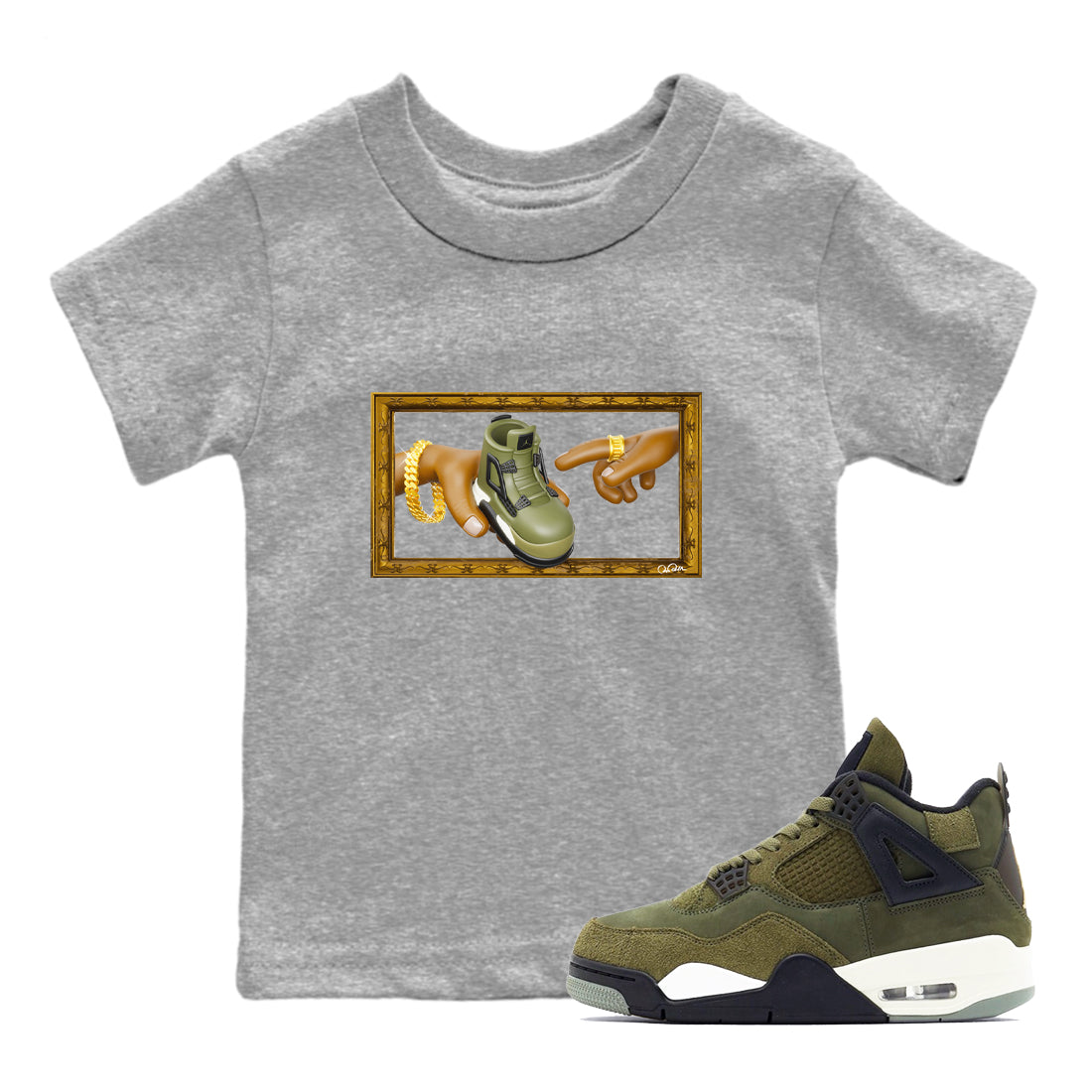 Air Jordan 4 Medium Olive shirt to match jordans streetwear brand The Creation of Adam sneaker tees AJ4 Medium Olive Drip Gear Zone Baby Toddler Heather Grey 1 T-Shirt
