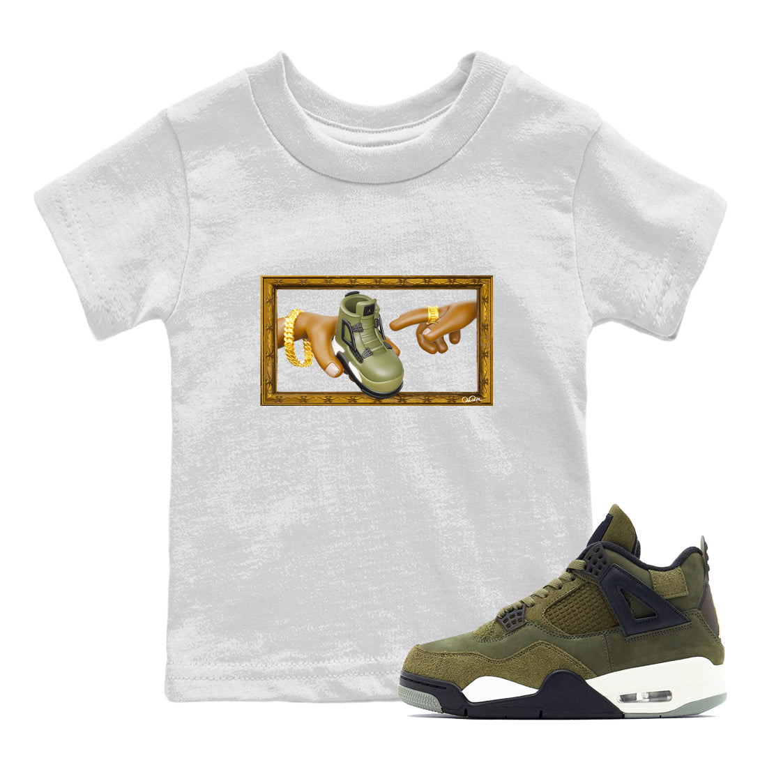 Air Jordan 4 Medium Olive shirt to match jordans streetwear brand The Creation of Adam sneaker tees AJ4 Medium Olive Drip Gear Zone Baby Toddler White 1 T-Shirt