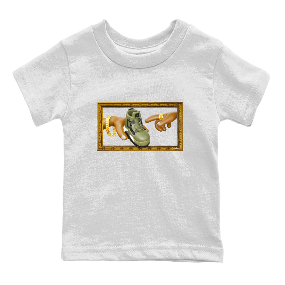 Air Jordan 4 Medium Olive shirt to match jordans streetwear brand The Creation of Adam sneaker tees AJ4 Medium Olive Drip Gear Zone Baby Toddler White 2 T-Shirt