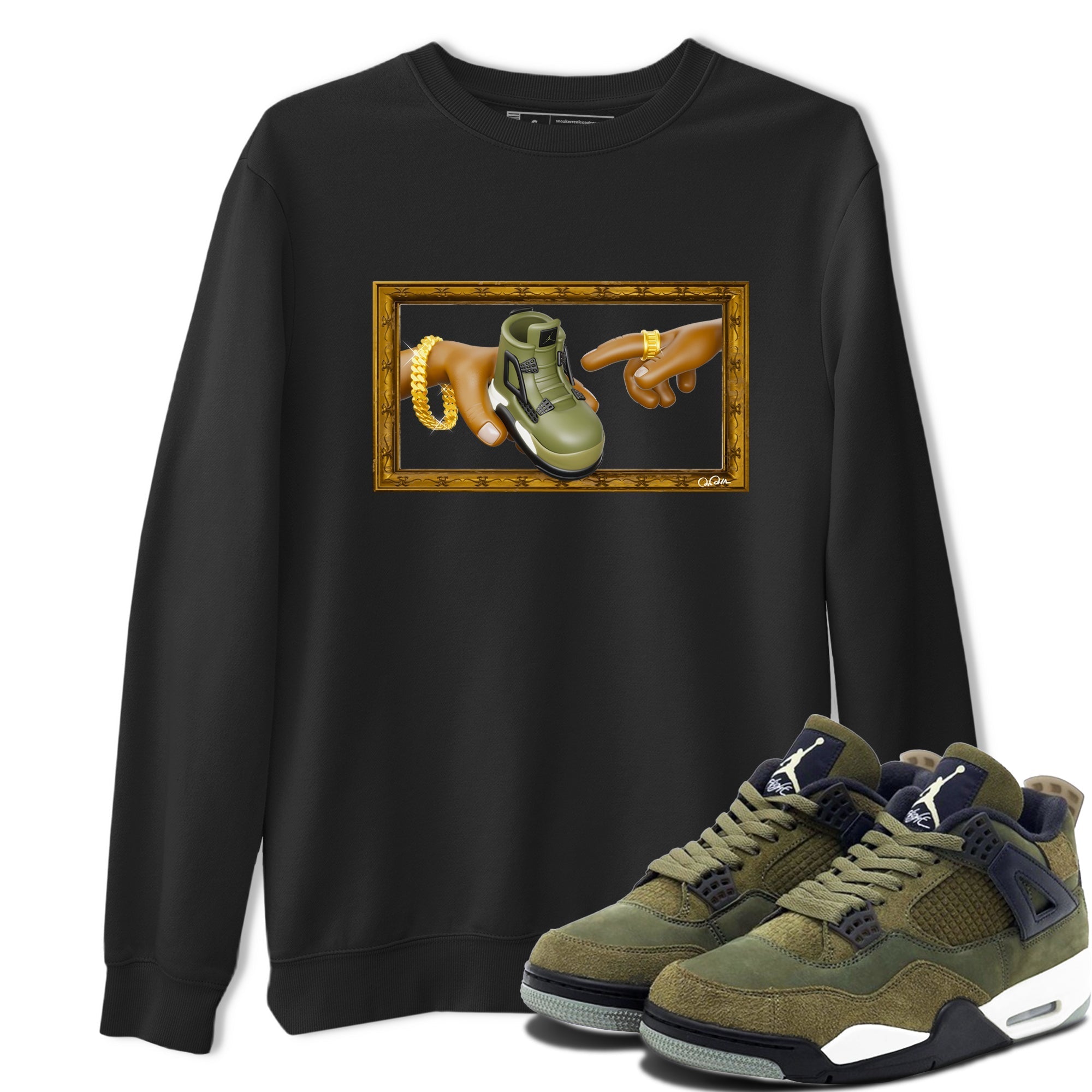 Air Jordan 4 Medium Olive shirt to match jordans streetwear brand The Creation of Adam sneaker tees AJ4 Medium Olive Drip Gear Zone Unisex Black 1 T-Shirt