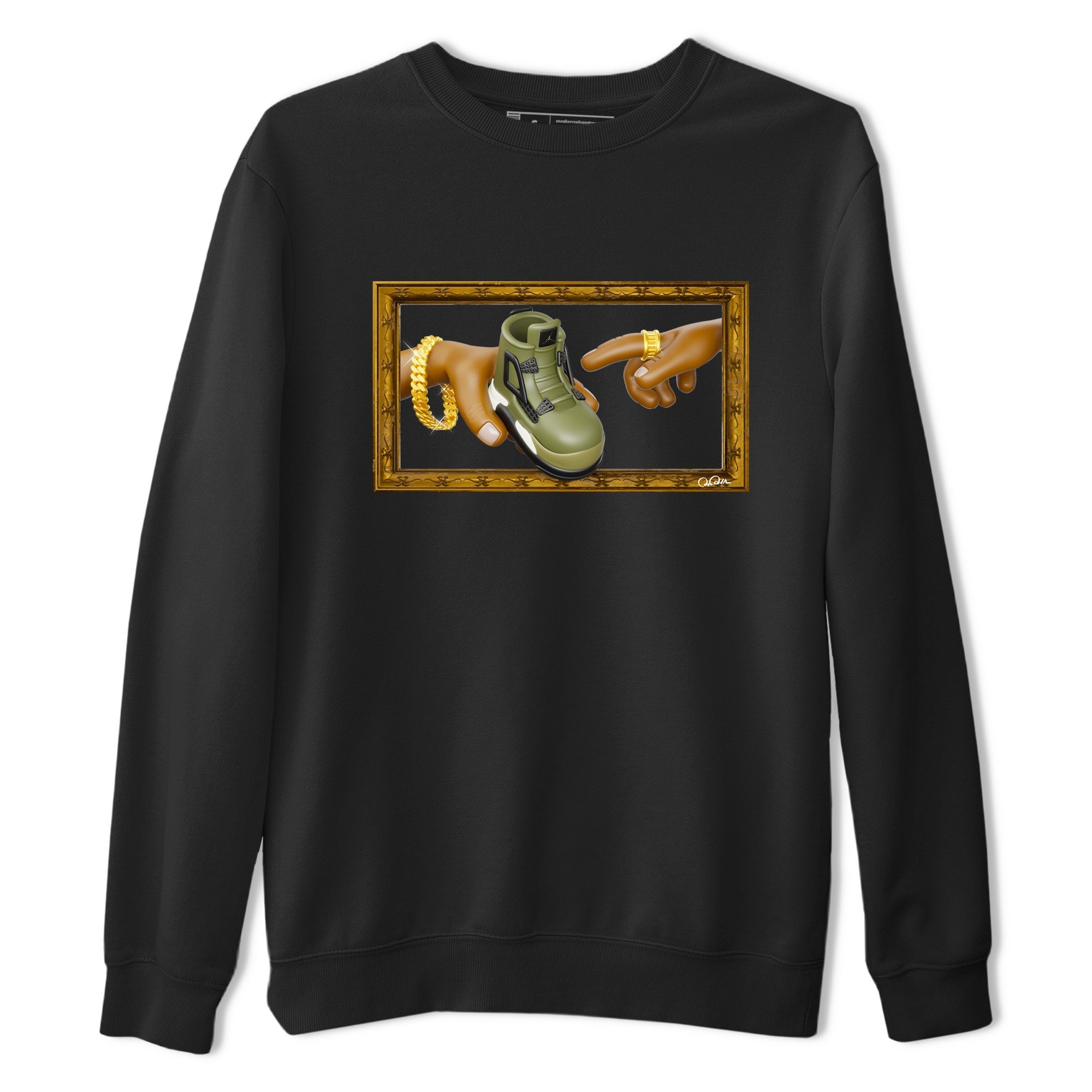 Air Jordan 4 Medium Olive shirt to match jordans streetwear brand The Creation of Adam sneaker tees AJ4 Medium Olive Drip Gear Zone Unisex Black 2 T-Shirt