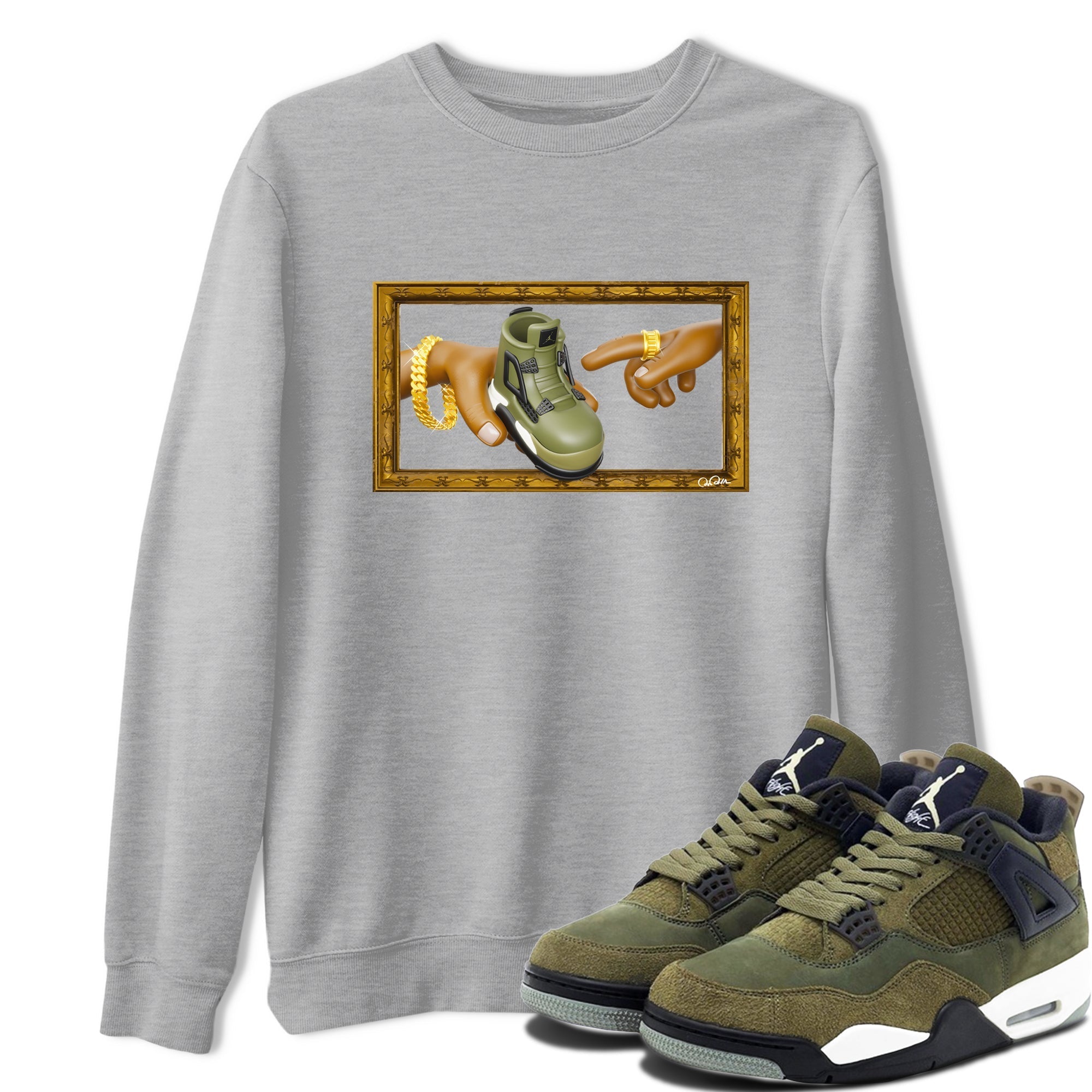 Air Jordan 4 Medium Olive shirt to match jordans streetwear brand The Creation of Adam sneaker tees AJ4 Medium Olive Drip Gear Zone Unisex Heather Grey 1 T-Shirt