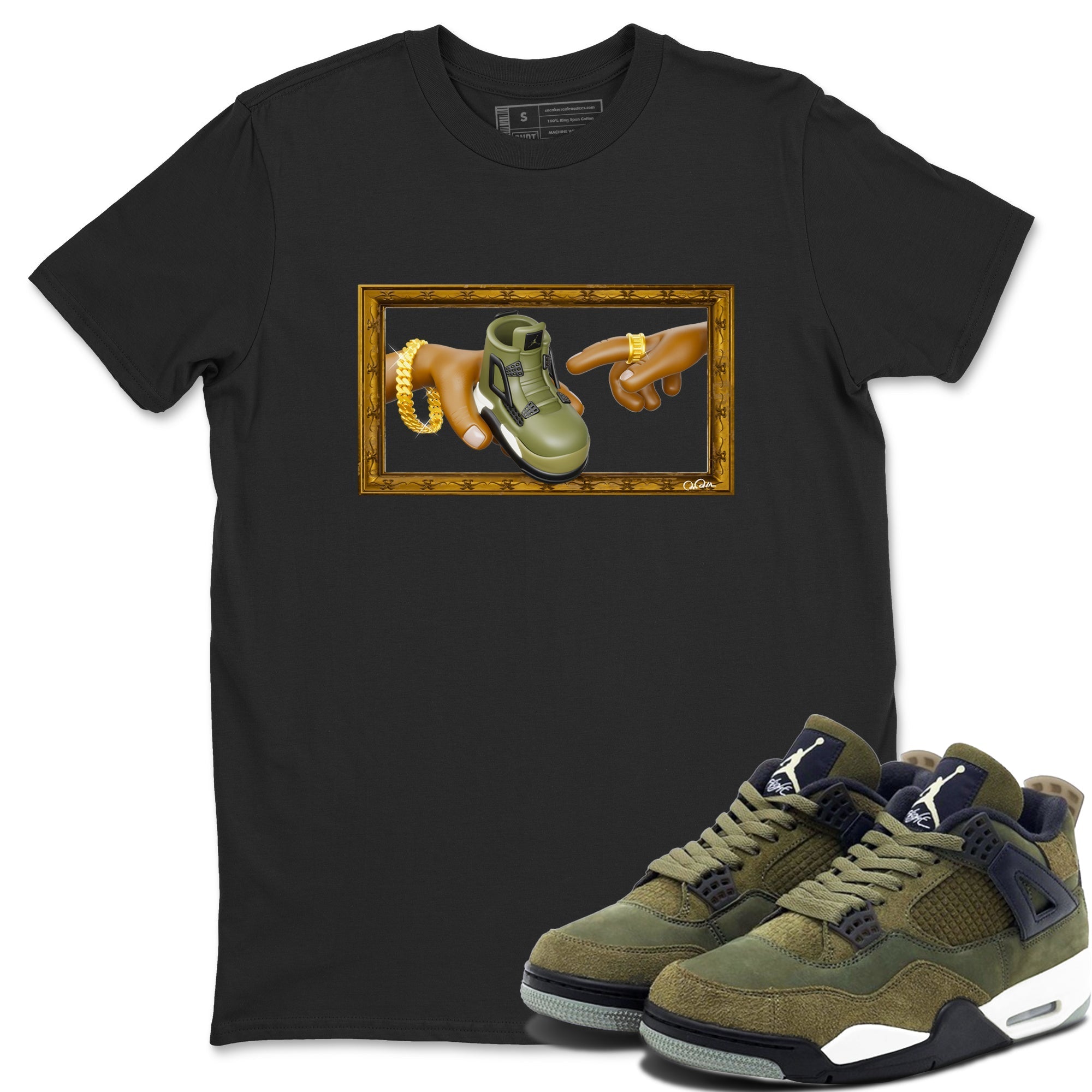 Air Jordan 4 Medium Olive shirt to match jordans streetwear brand The Creation of Adam sneaker tees AJ4 Medium Olive Drip Gear Zone Unisex Black 1 T-Shirt