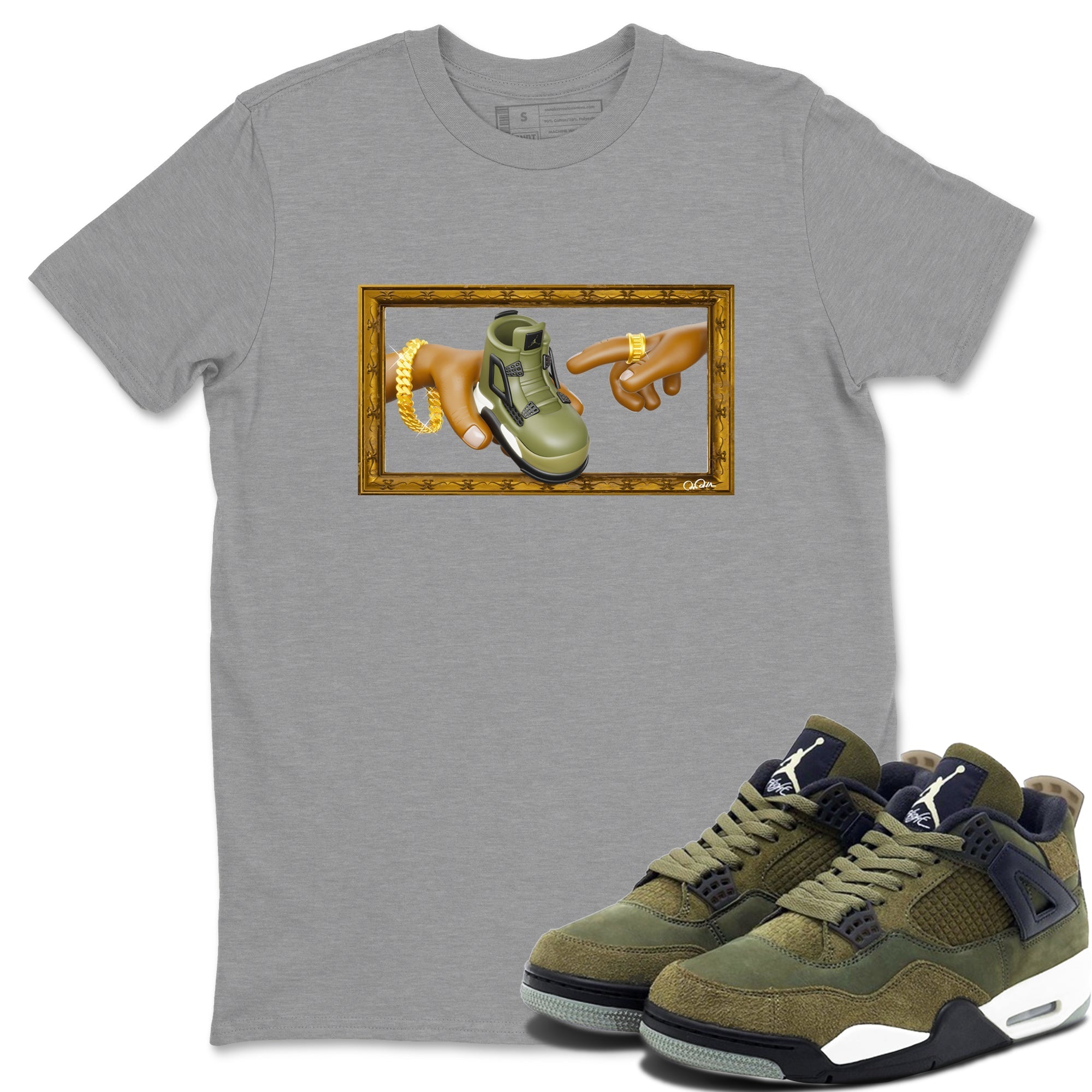 Air Jordan 4 Medium Olive shirt to match jordans streetwear brand The Creation of Adam sneaker tees AJ4 Medium Olive Drip Gear Zone Unisex Heather Grey 1 T-Shirt