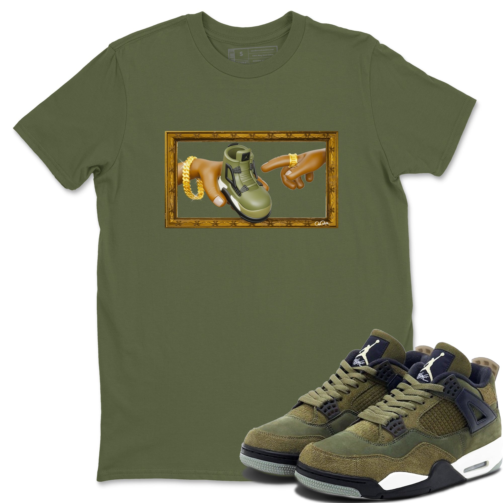 Air Jordan 4 Medium Olive shirt to match jordans streetwear brand The Creation of Adam sneaker tees AJ4 Medium Olive Drip Gear Zone Unisex Military Green 1 T-Shirt