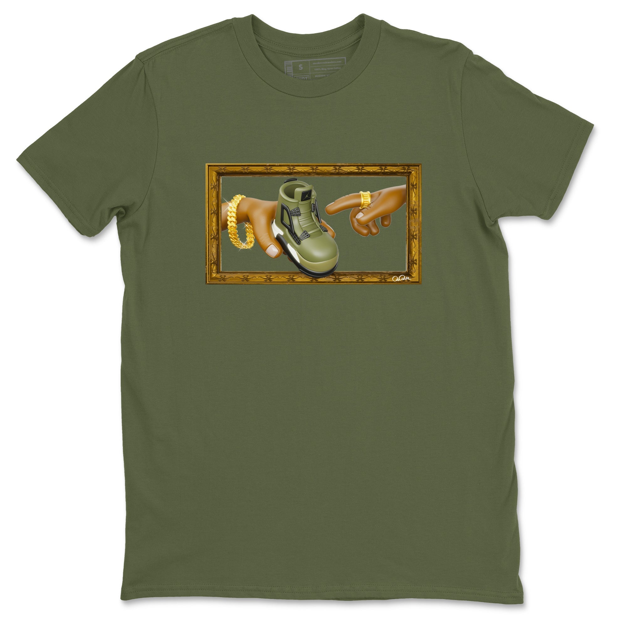 Air Jordan 4 Medium Olive shirt to match jordans streetwear brand The Creation of Adam sneaker tees AJ4 Medium Olive Drip Gear Zone Unisex Military Green 2 T-Shirt