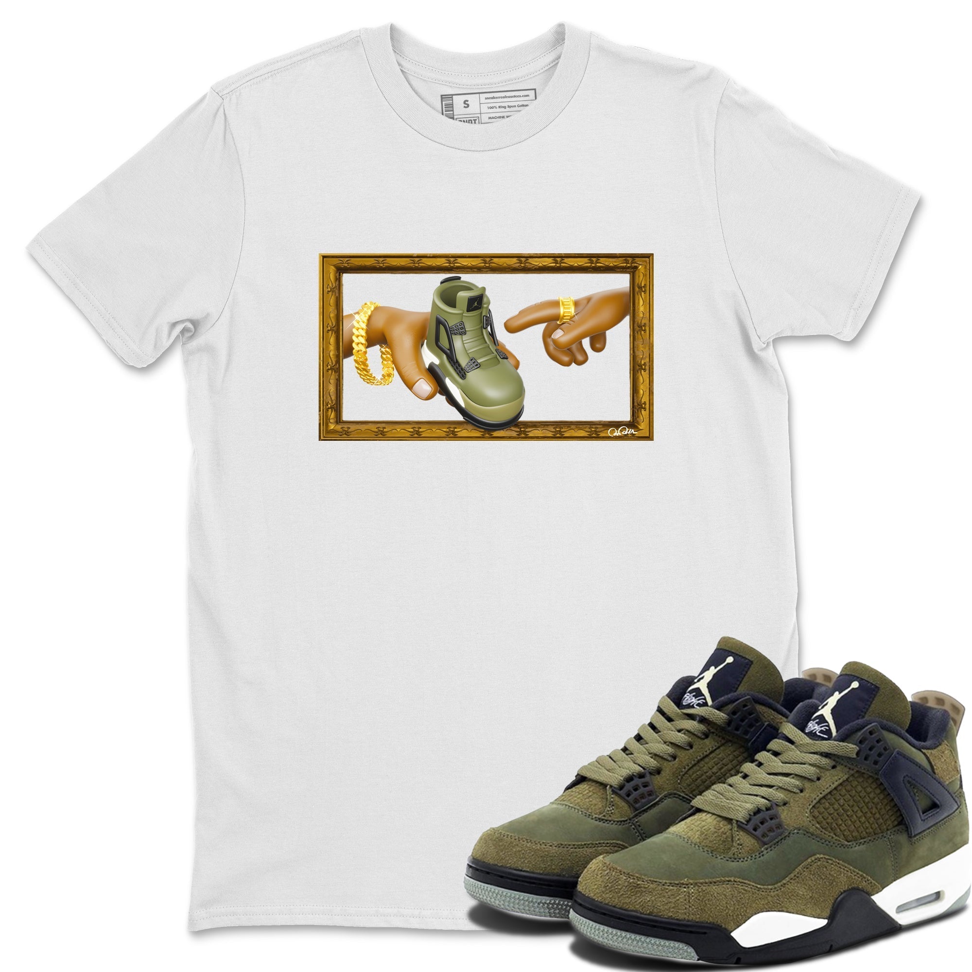 Air Jordan 4 Medium Olive shirt to match jordans streetwear brand The Creation of Adam sneaker tees AJ4 Medium Olive Drip Gear Zone Unisex White 1 T-Shirt