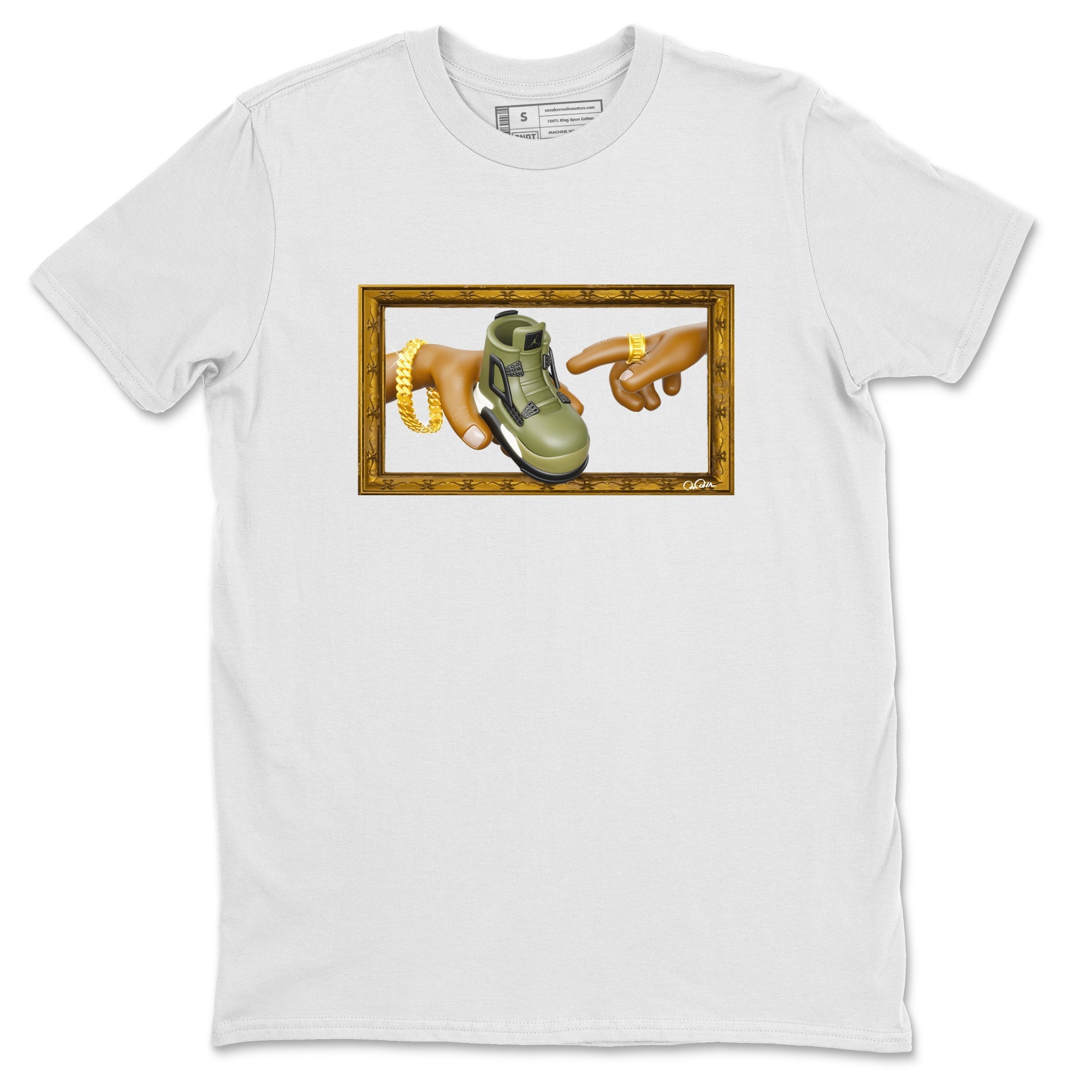 Air Jordan 4 Medium Olive shirt to match jordans streetwear brand The Creation of Adam sneaker tees AJ4 Medium Olive Drip Gear Zone Unisex White 2 T-Shirt