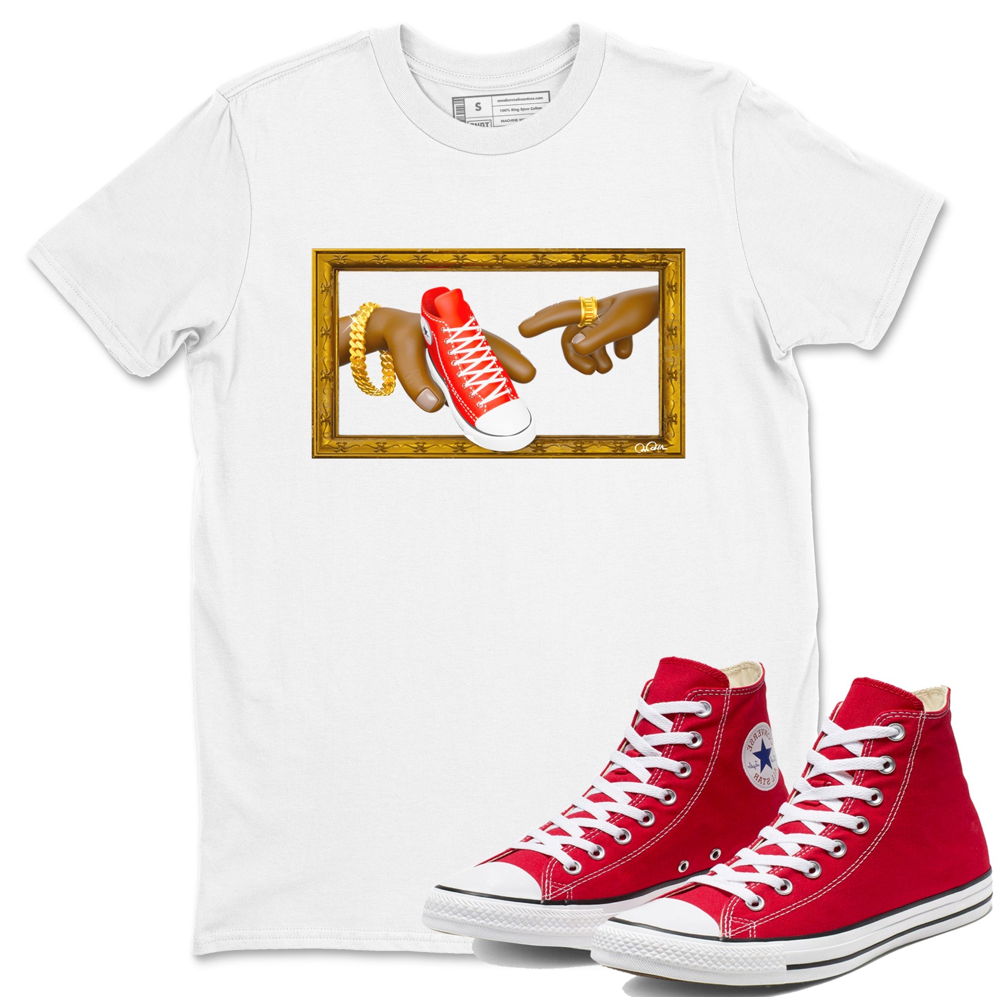Converse High Top Red shirt to match sneakers The Creation Of Adam sneaker tees Shoes Match Converse High Top Red Drip Gear Zone Sneaker Tee Unisex White 1 T-Shirt