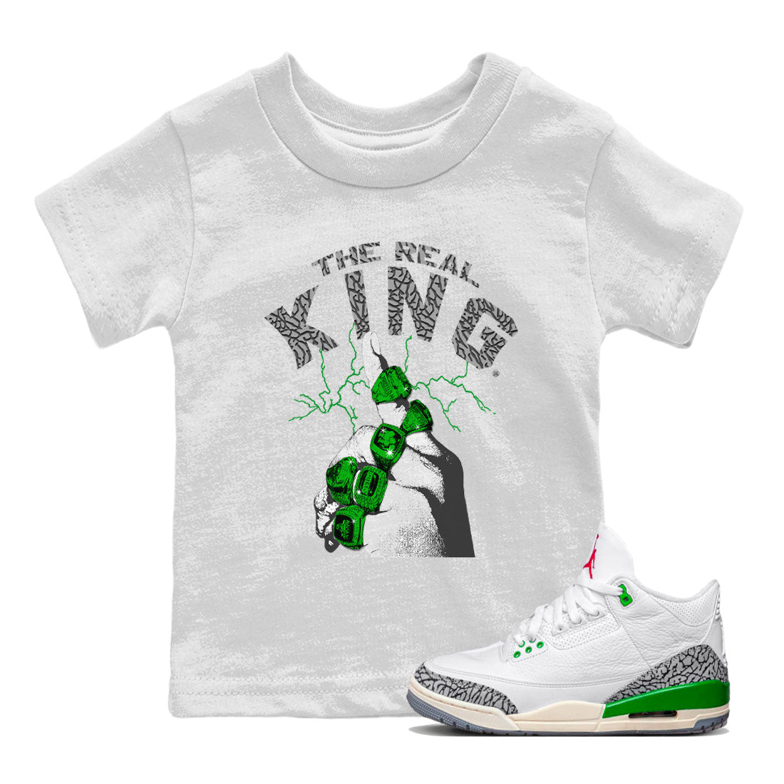 Air Jordan 3 Lucky Green Sneaker Match Tees The Real King Streetwear Sneaker Shirt Jordan 3 Retro Lucky Green Sneaker Release Tees Kids Shirts White 1