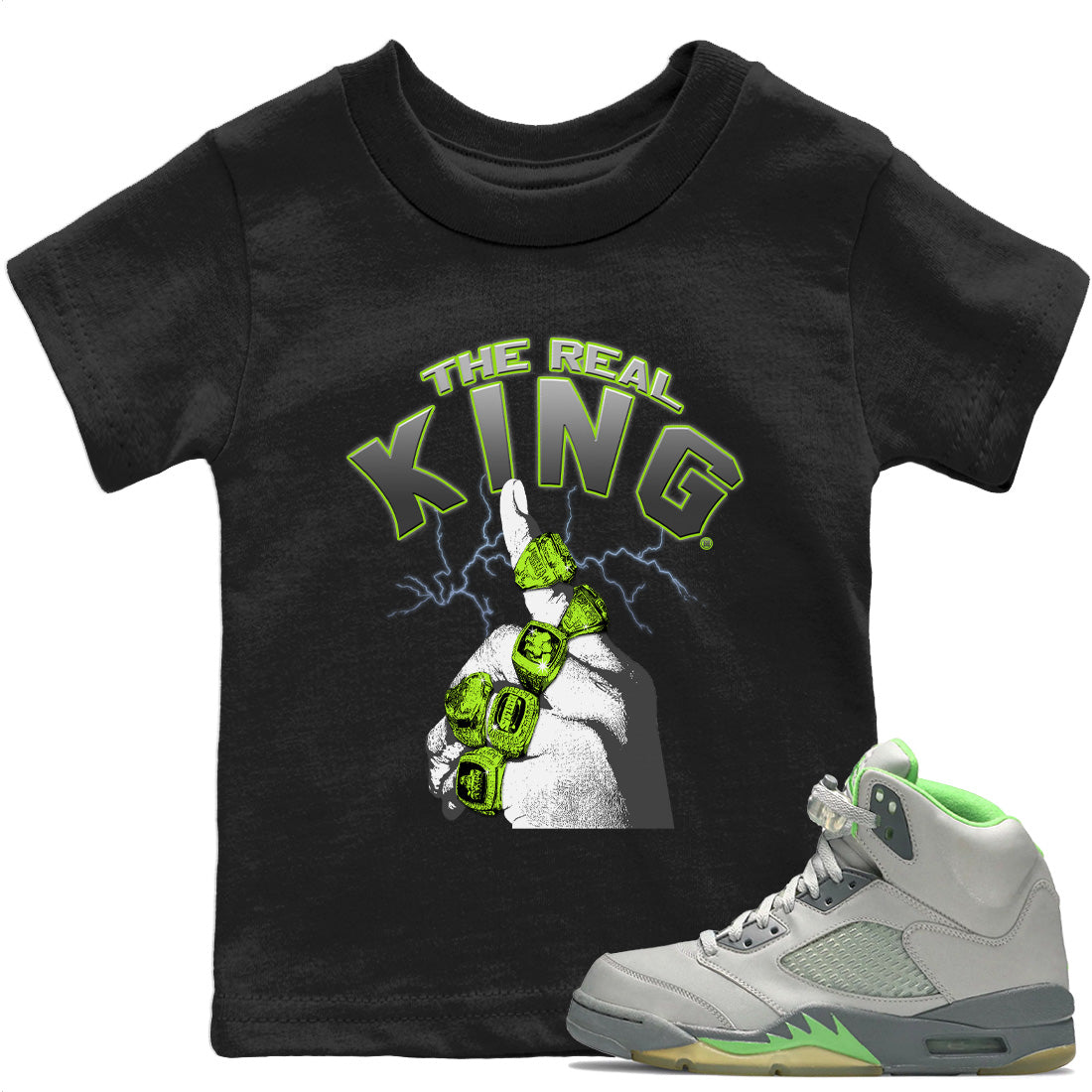 Jordan 5 Green Bean Sneaker Matching T-Shirt The Real King Sneaker Tees Jordan 5 Green Bean Sneaker Release Tees Kids Shirts