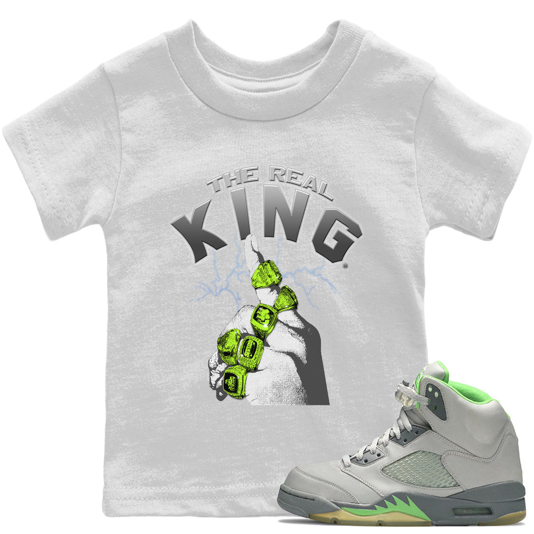 Jordan 5 Green Bean Sneaker Matching T-Shirt The Real King Sneaker Tees Jordan 5 Green Bean Sneaker Release Tees Kids Shirts