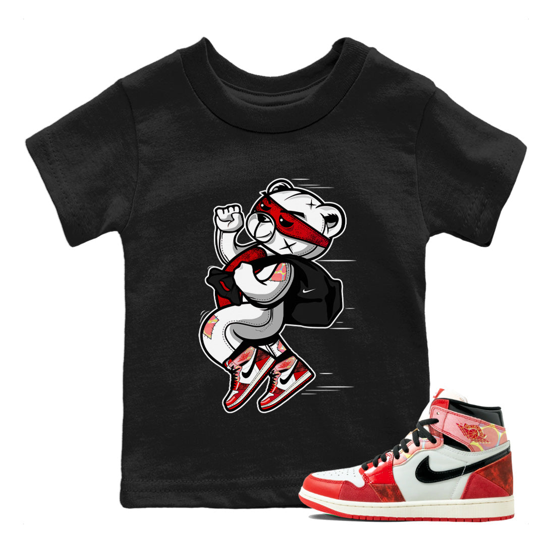 Air Jordan 1 Spider Man Sneaker Match Tees Thief Bear Sneaker Release Tees Spider-Man: Across the Spider-Verse x Air Jordan 1 Sneaker Release Tees Kids Shirts Black 1