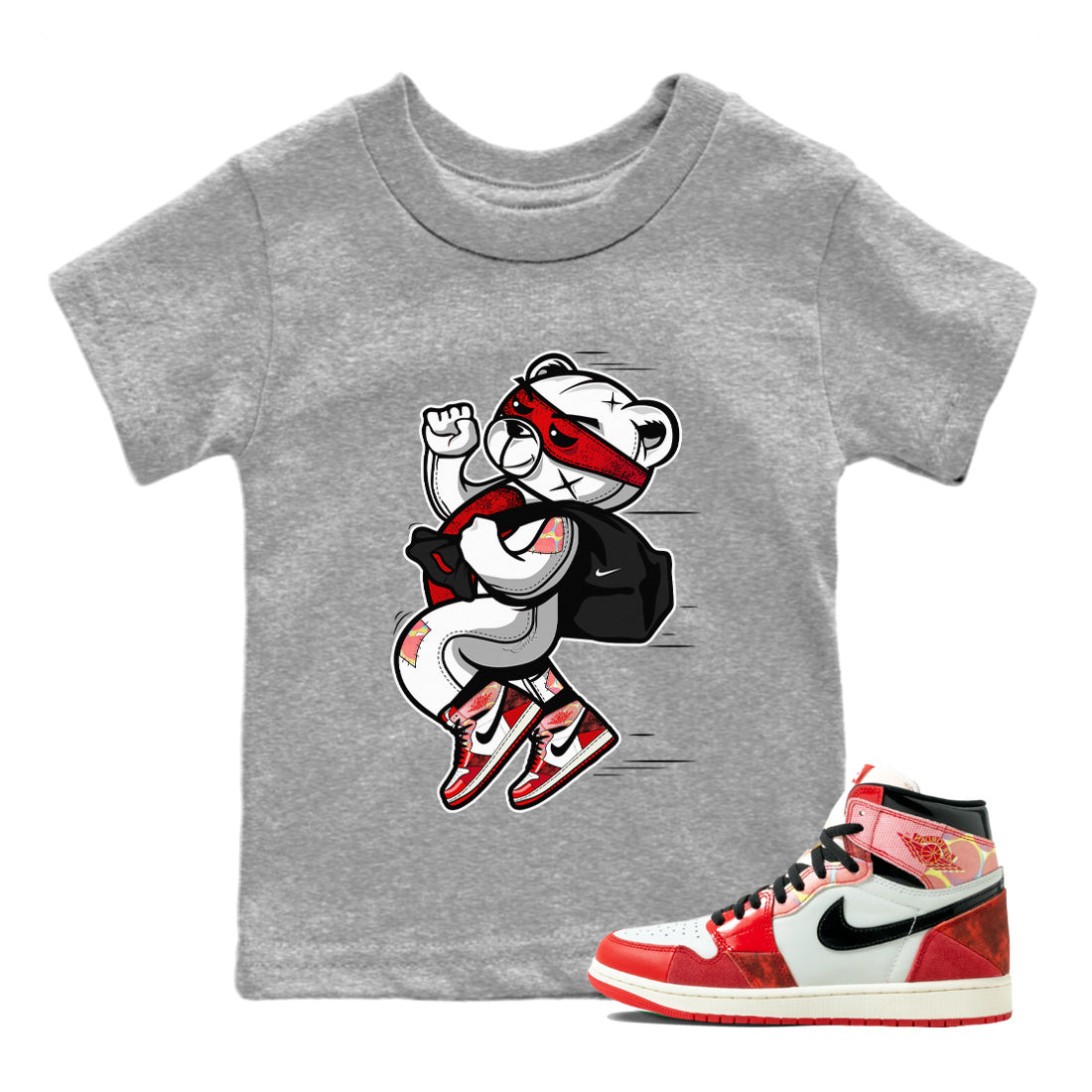 Air Jordan 1 Spider Man Sneaker Match Tees Thief Bear Sneaker Release Tees Spider-Man: Across the Spider-Verse x Air Jordan 1 Sneaker Release Tees Kids Shirts Heather Grey 1