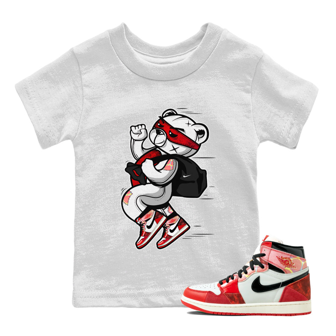 Air Jordan 1 Spider Man Sneaker Match Tees Thief Bear Sneaker Release Tees Spider-Man: Across the Spider-Verse x Air Jordan 1 Sneaker Release Tees Kids Shirts White 1