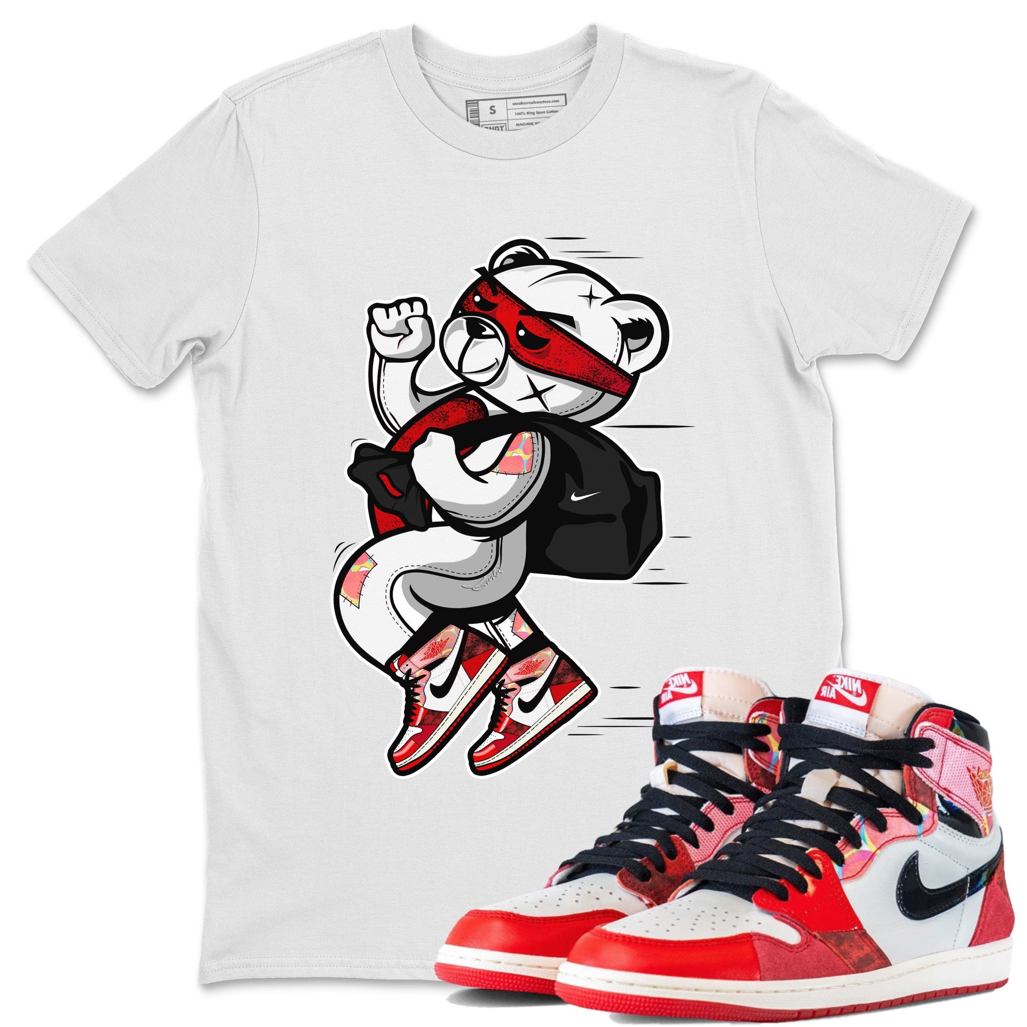 Air Jordan 1 Spider Man Sneaker Match Tees Thief Bear Sneaker Release Tees Spider-Man: Across the Spider-Verse x Air Jordan 1 Sneaker Release Tees Unisex Shirts White 1