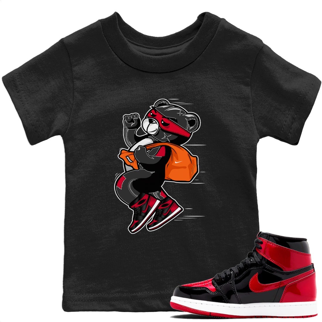 Jordan 1 Bred Patent Sneaker Matching T-Shirt Thief Bear Sneaker Tees Jordan 1 Bred Patent Sneaker Release Tees Kids Shirts