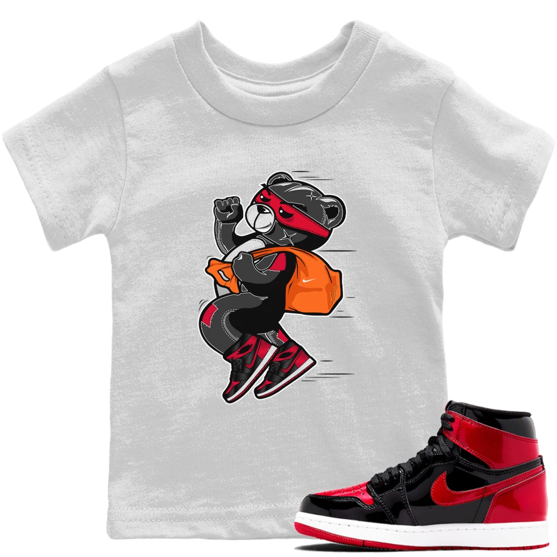 Jordan 1 Bred Patent Sneaker Matching T-Shirt Thief Bear Sneaker Tees Jordan 1 Bred Patent Sneaker Release Tees Kids Shirts