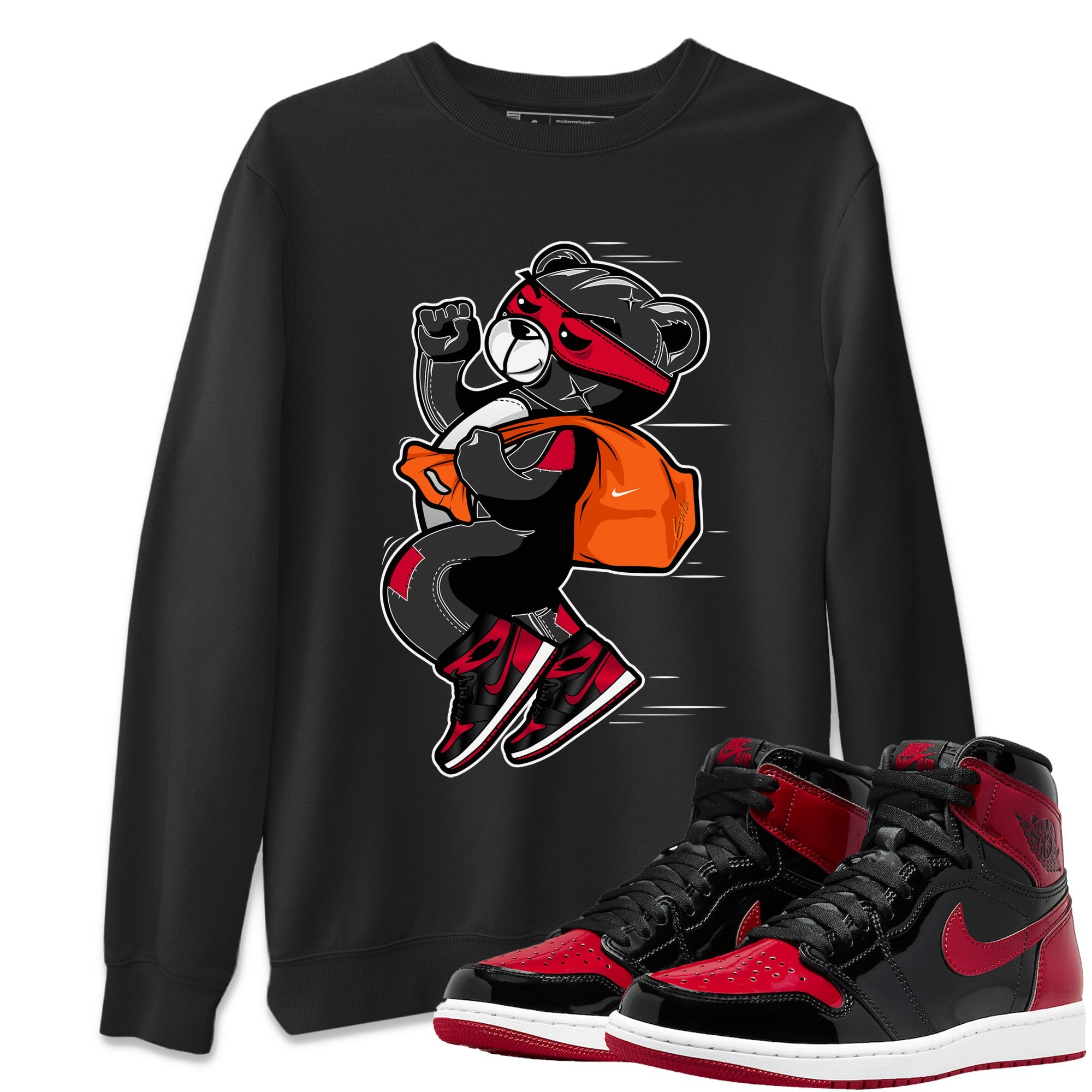 Jordan 1 Bred Patent Sneaker Matching T-Shirt Thief Bear Sneaker Tees Jordan 1 Bred Patent Sneaker Release Tees Crew Neck Tees