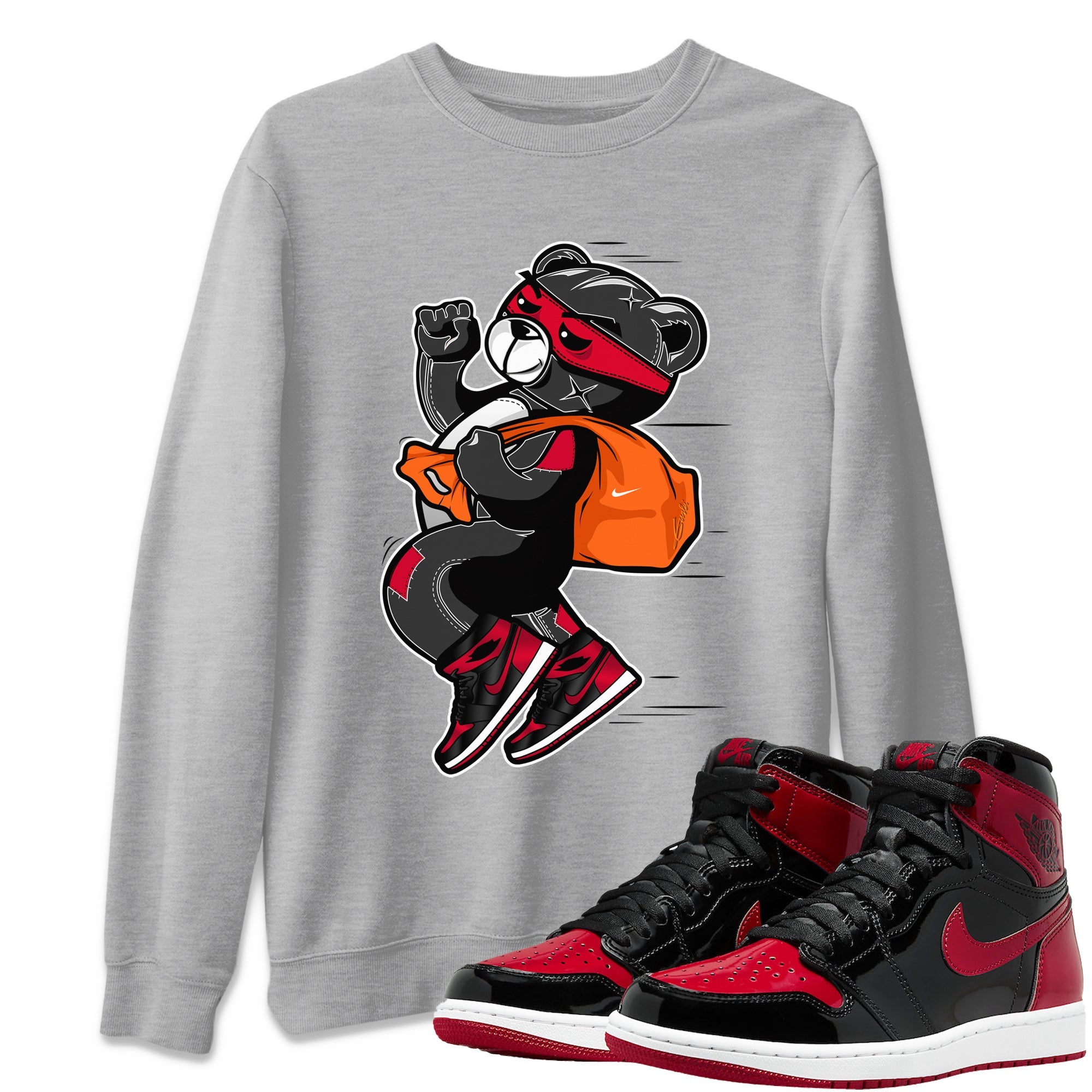 Jordan 1 Bred Patent Sneaker Matching T-Shirt Thief Bear Sneaker Tees Jordan 1 Bred Patent Sneaker Release Tees Crew Neck Tees
