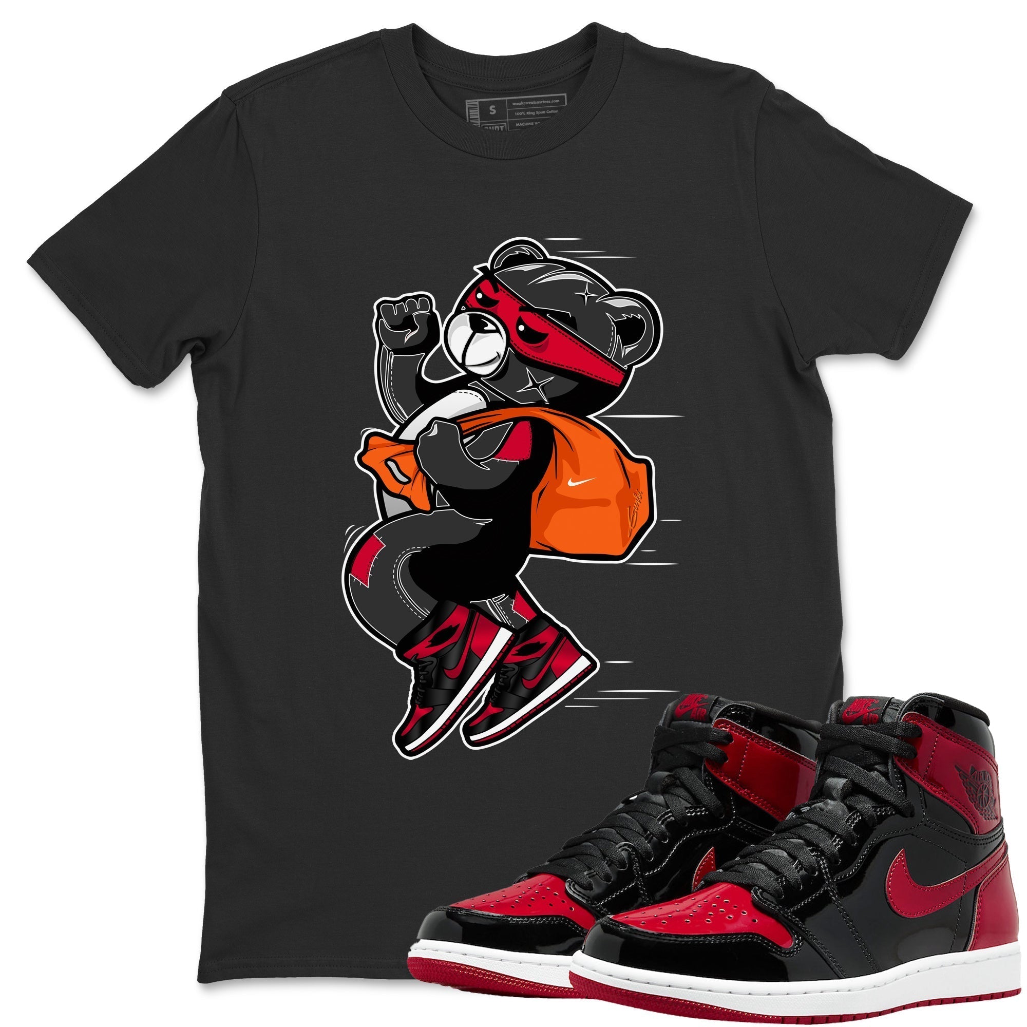 Jordan 1 Bred Patent Sneaker Matching T-Shirt Thief Bear Sneaker Tees Jordan 1 Bred Patent Sneaker Release Tees Crew Neck Tees