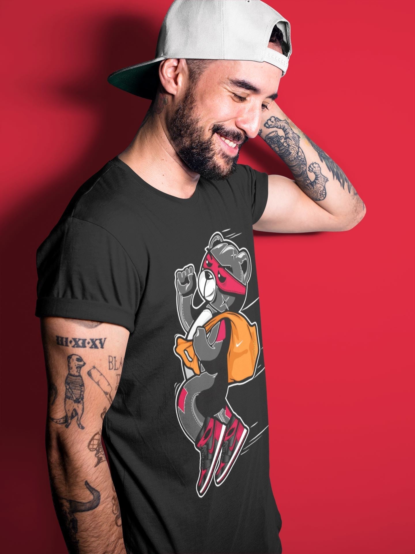 Jordan 1 Bred Patent Sneaker Matching T-Shirt Thief Bear Sneaker Tees Jordan 1 Bred Patent Sneaker Release Tees Crew Neck Tees