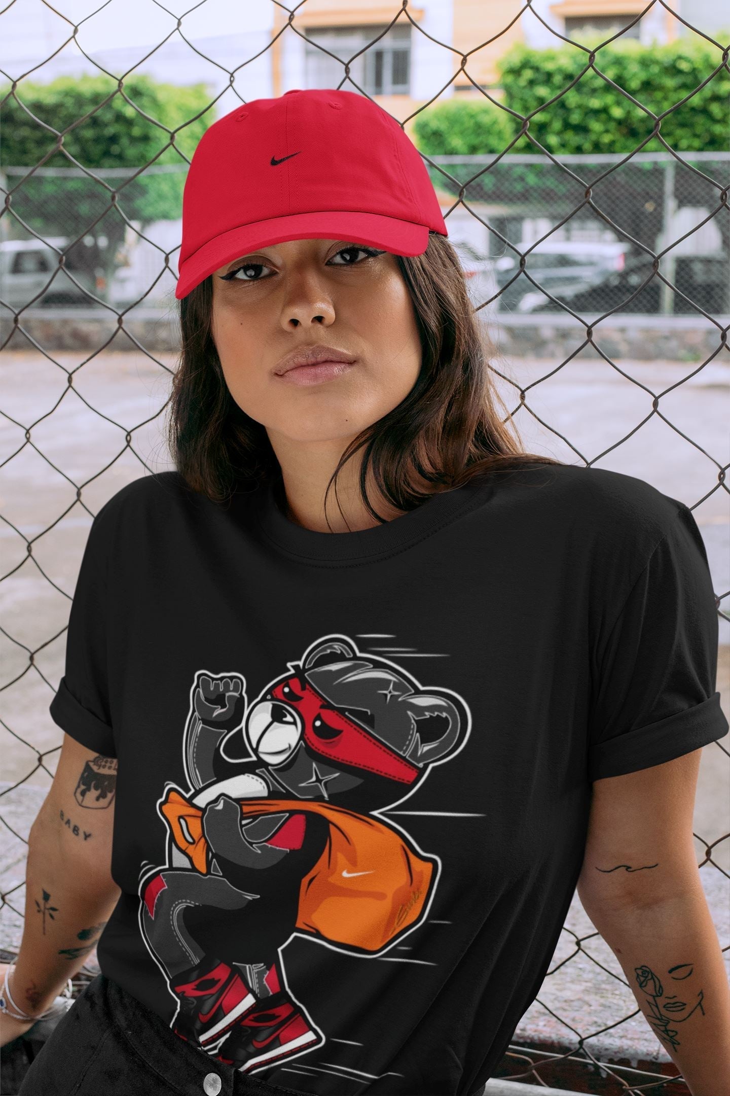 Jordan 1 Bred Patent Sneaker Matching T-Shirt Thief Bear Sneaker Tees Jordan 1 Bred Patent Sneaker Release Tees Crew Neck Tees