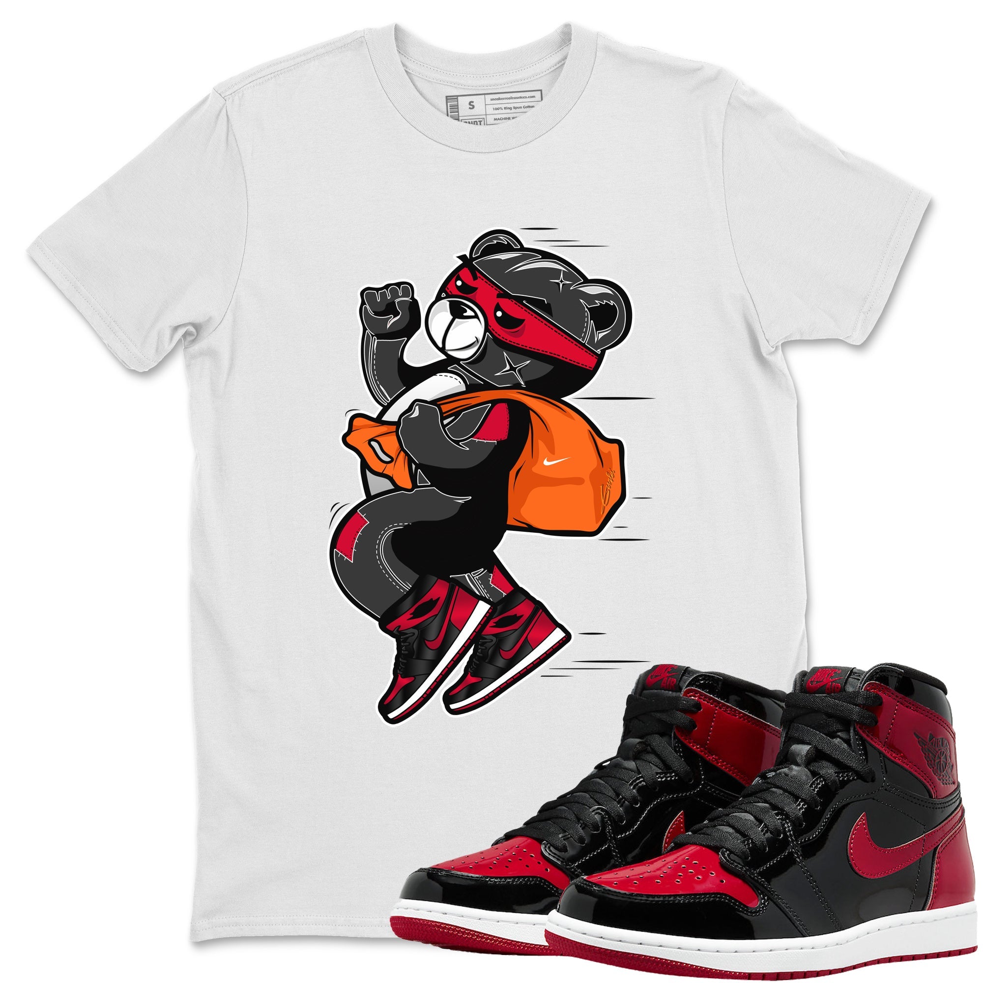 Jordan 1 Bred Patent Sneaker Matching T-Shirt Thief Bear Sneaker Tees Jordan 1 Bred Patent Sneaker Release Tees Crew Neck Tees
