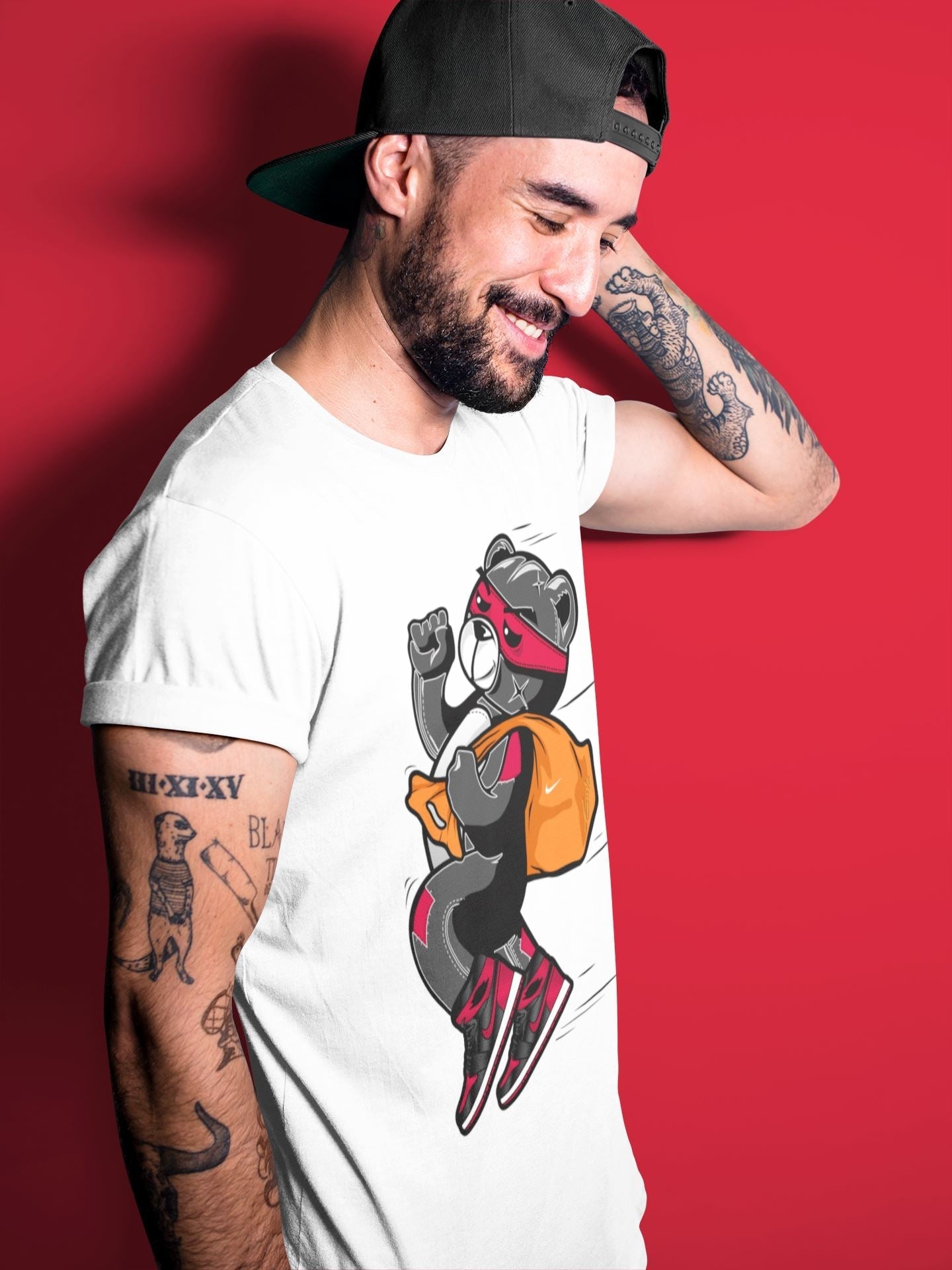 Jordan 1 Bred Patent Sneaker Matching T-Shirt Thief Bear Sneaker Tees Jordan 1 Bred Patent Sneaker Release Tees Crew Neck Tees