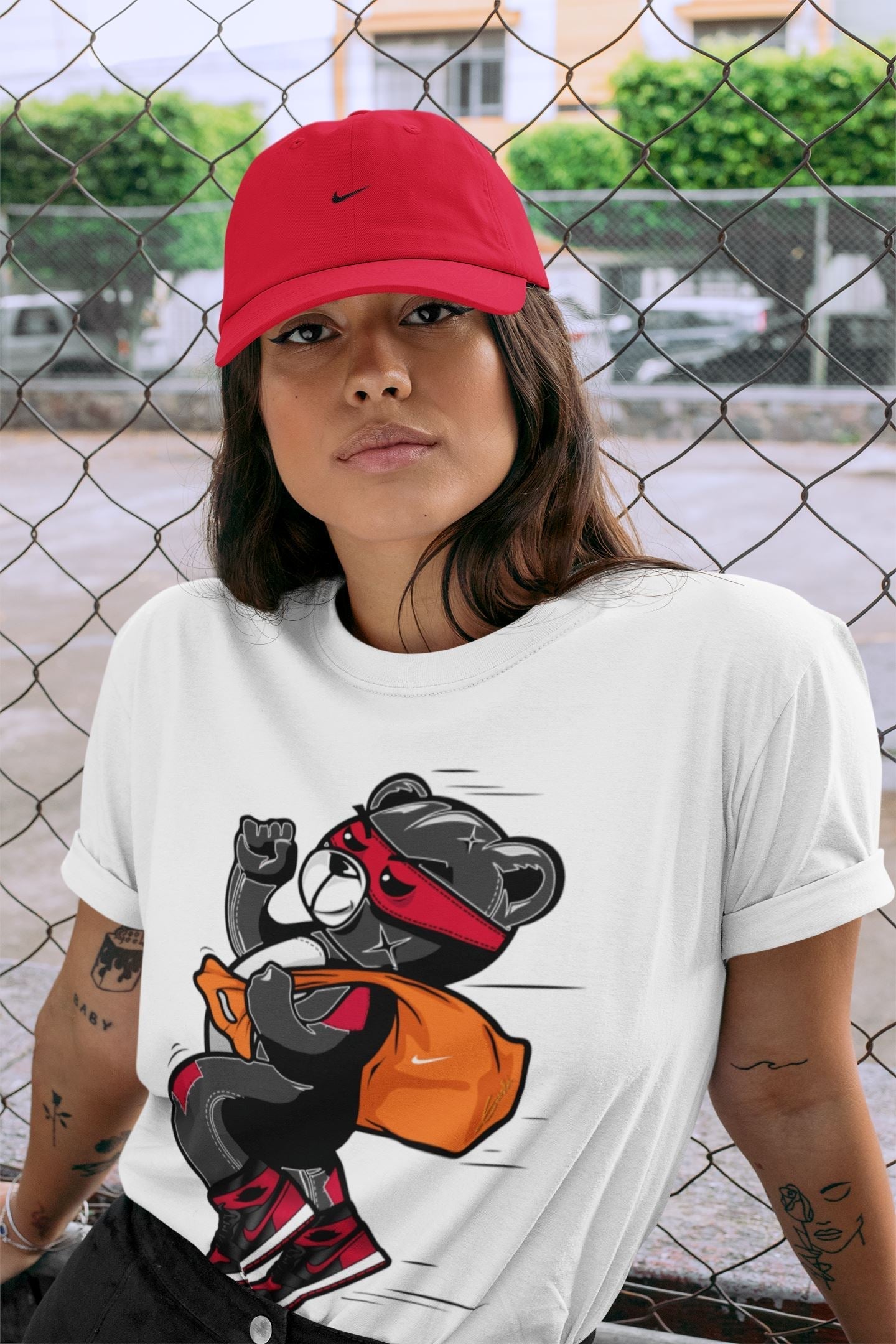 Jordan 1 Bred Patent Sneaker Matching T-Shirt Thief Bear Sneaker Tees Jordan 1 Bred Patent Sneaker Release Tees Crew Neck Tees