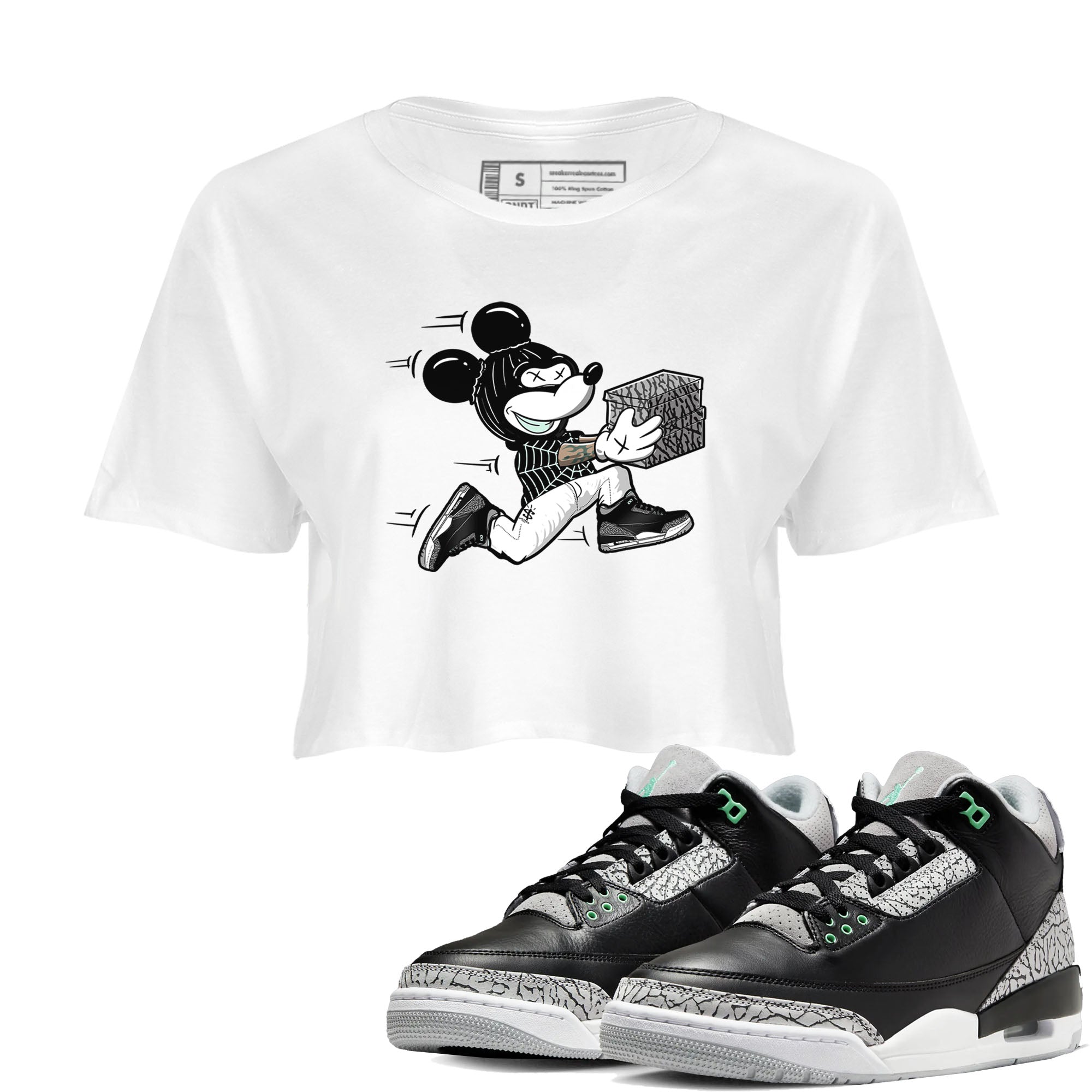 3s Green Glow shirt to match jordans Thief Mouse sneaker tees Air Jordan 3 Green Glow Drip Gear Zone White 1 crop length shirt